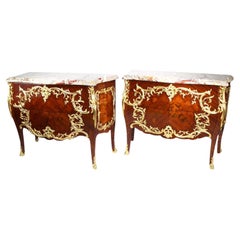 A Fine Pair French 19th-20th Century Louis XV Style Marquetry & Ormolu Commodes