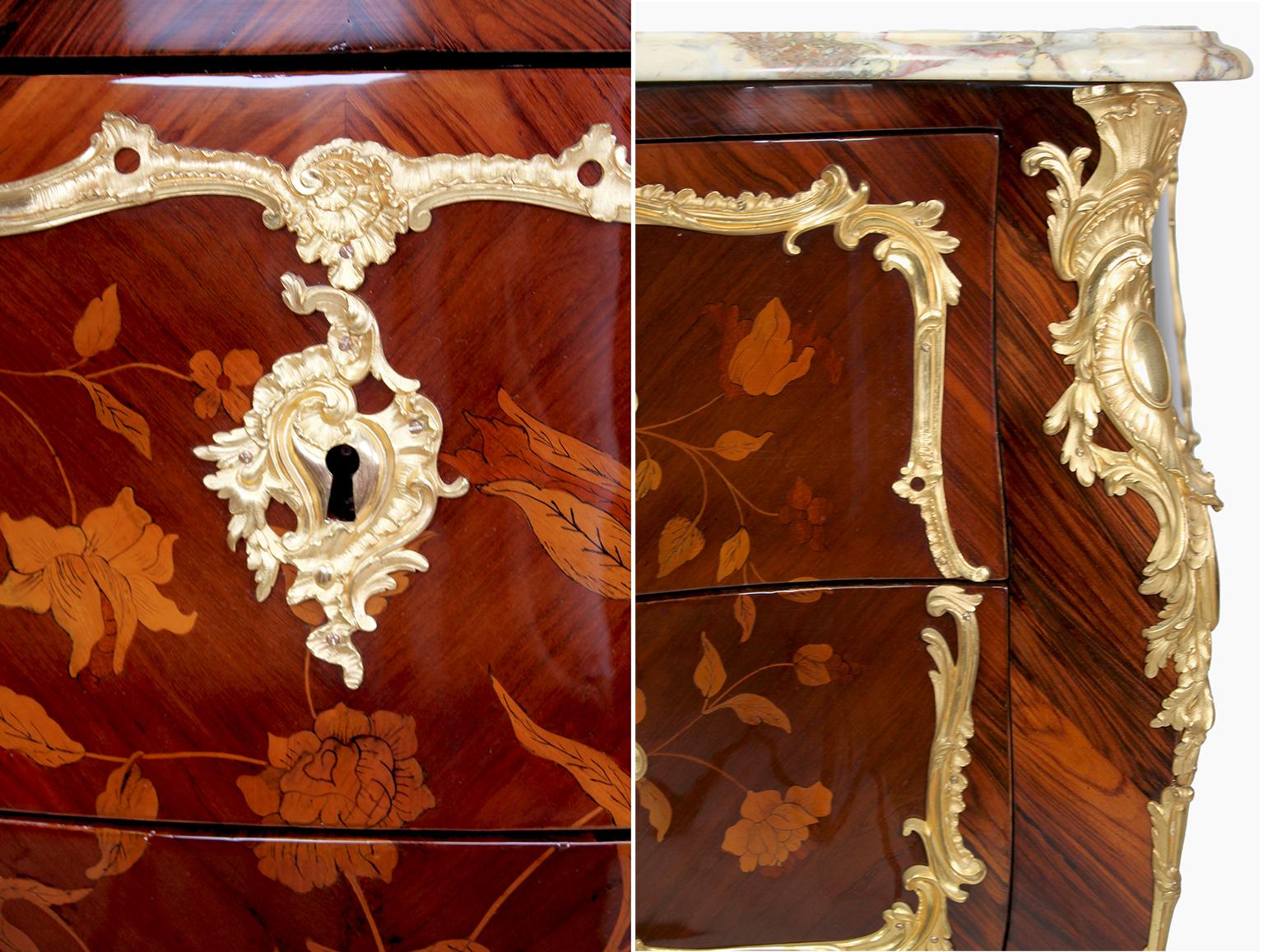 Fine Pair French 19th Century Louis XV Style Gilt-Bronze & Marquetry Commodes For Sale 6