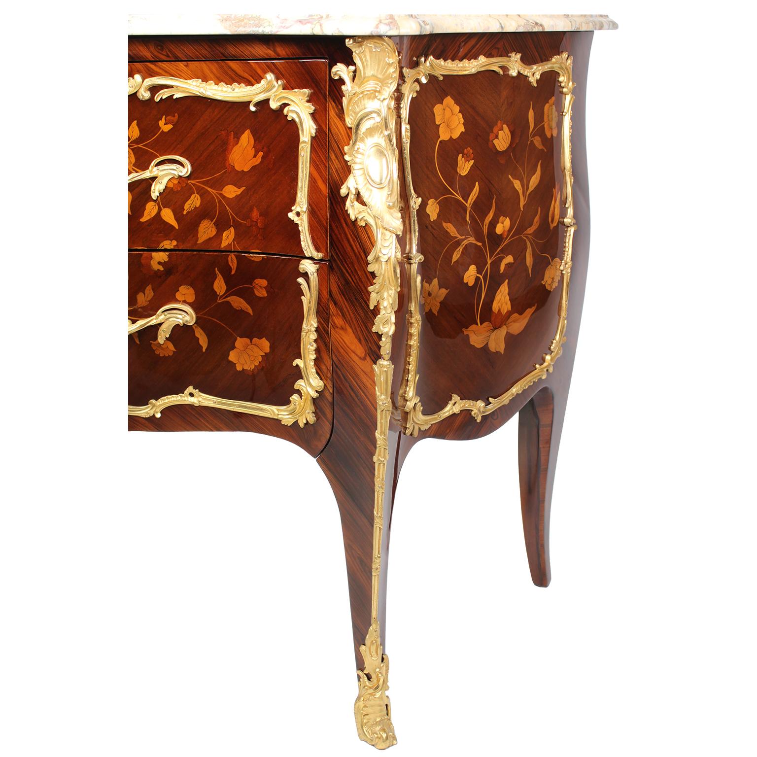 Fine Pair French 19th Century Louis XV Style Gilt-Bronze & Marquetry Commodes For Sale 7