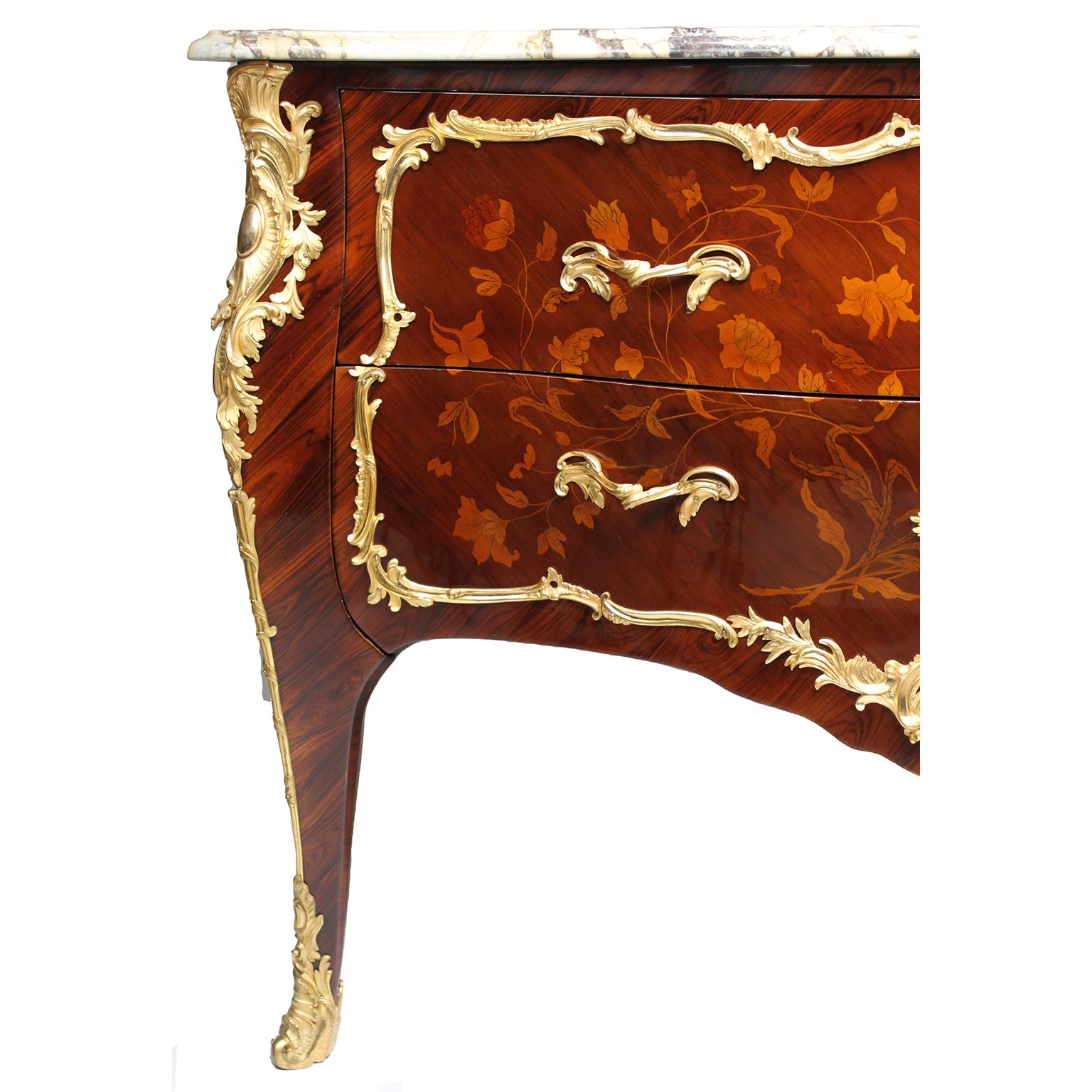 Fine Pair French 19th Century Louis XV Style Gilt-Bronze & Marquetry Commodes For Sale 9