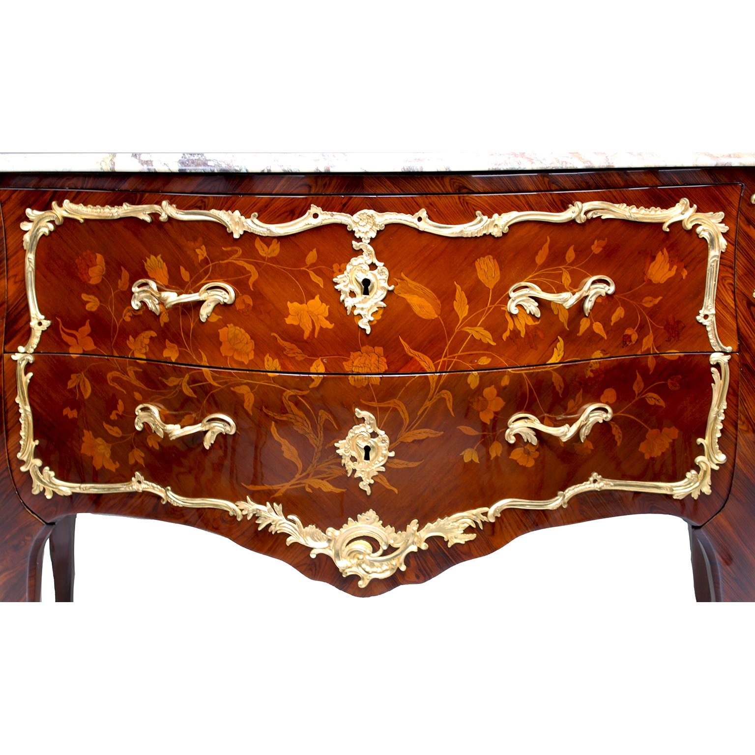 Fine Pair French 19th Century Louis XV Style Gilt-Bronze & Marquetry Commodes For Sale 10