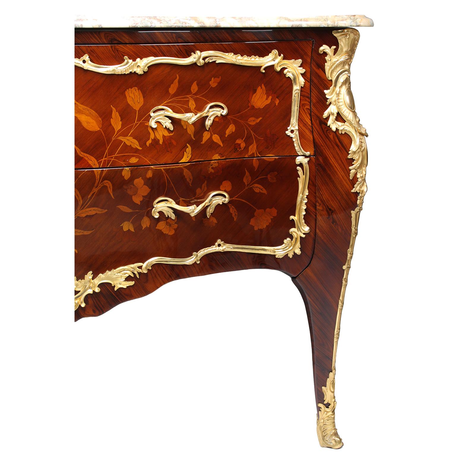 Fine Pair French 19th Century Louis XV Style Gilt-Bronze & Marquetry Commodes For Sale 11