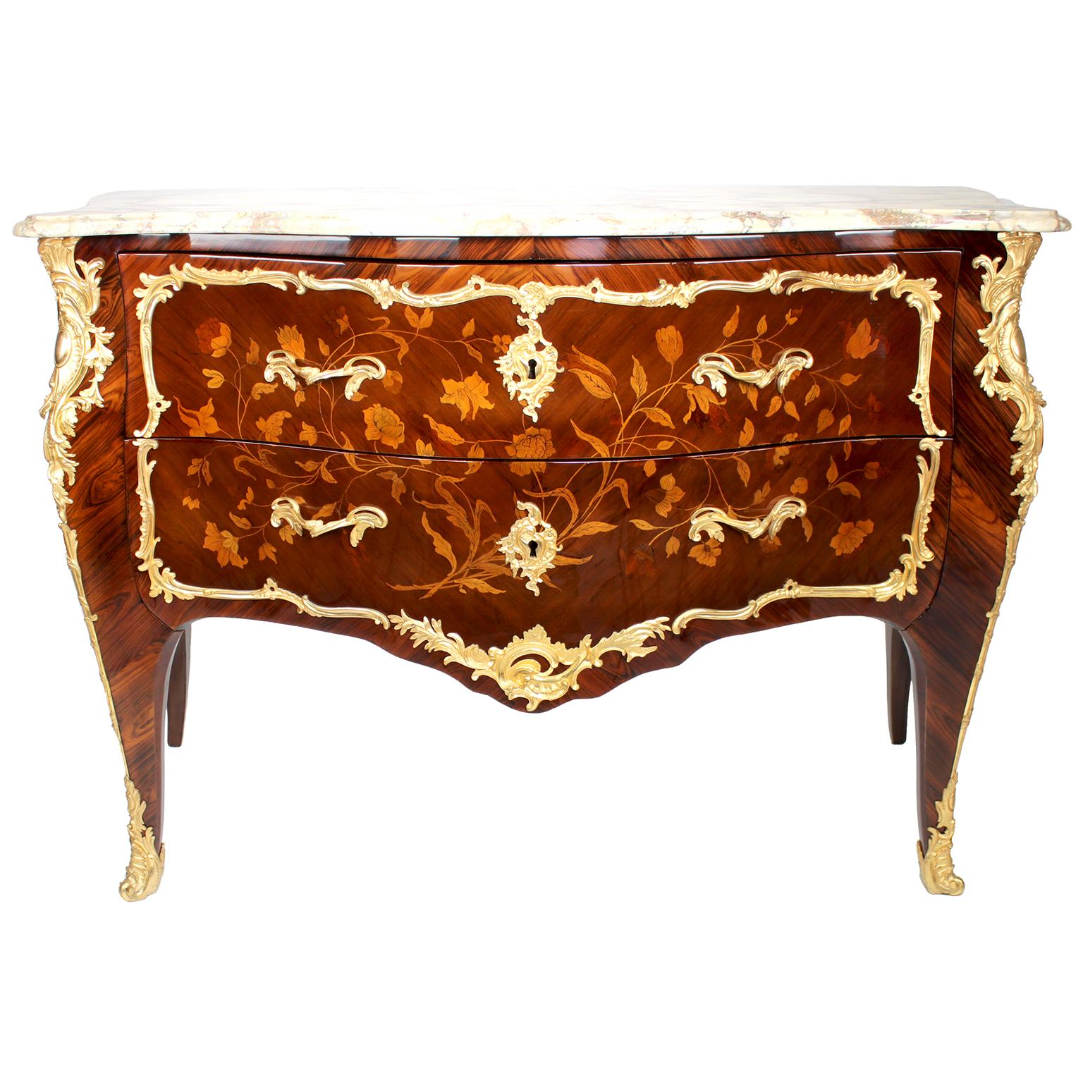 Fine Pair French 19th Century Louis XV Style Gilt-Bronze & Marquetry Commodes In Good Condition For Sale In Los Angeles, CA