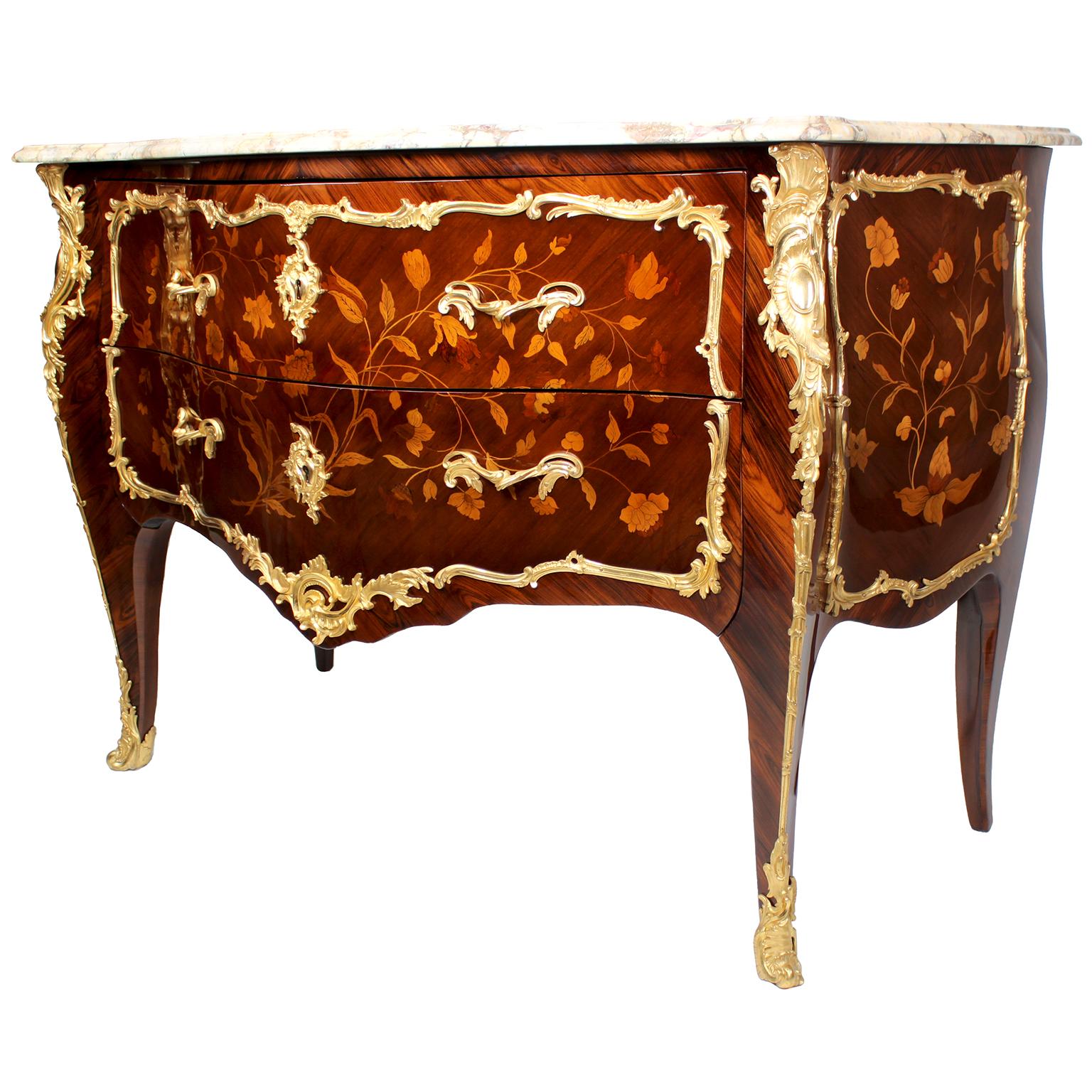 Fine Pair French 19th Century Louis XV Style Gilt-Bronze & Marquetry Commodes For Sale 1
