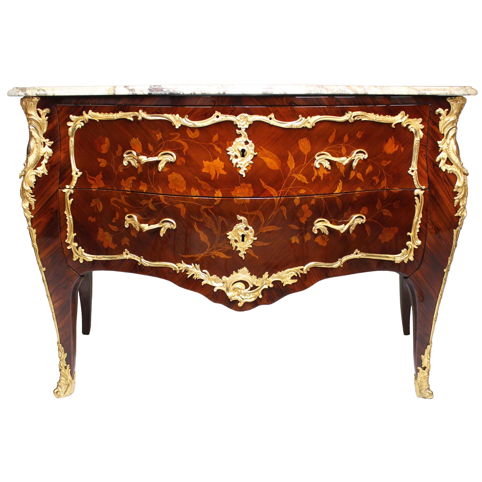 Fine Pair French 19th Century Louis XV Style Gilt-Bronze & Marquetry Commodes For Sale 2