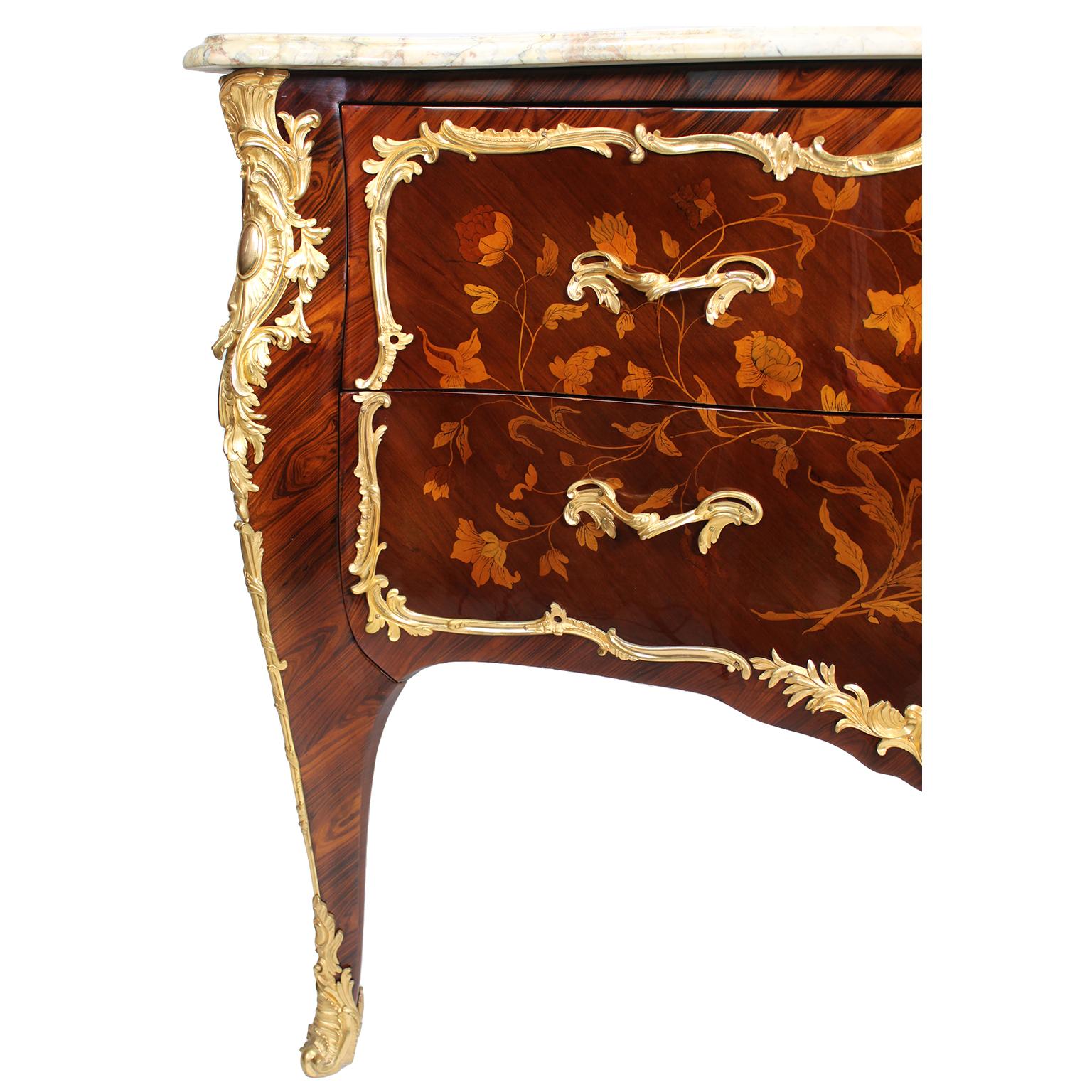 Fine Pair French 19th Century Louis XV Style Gilt-Bronze & Marquetry Commodes For Sale 3
