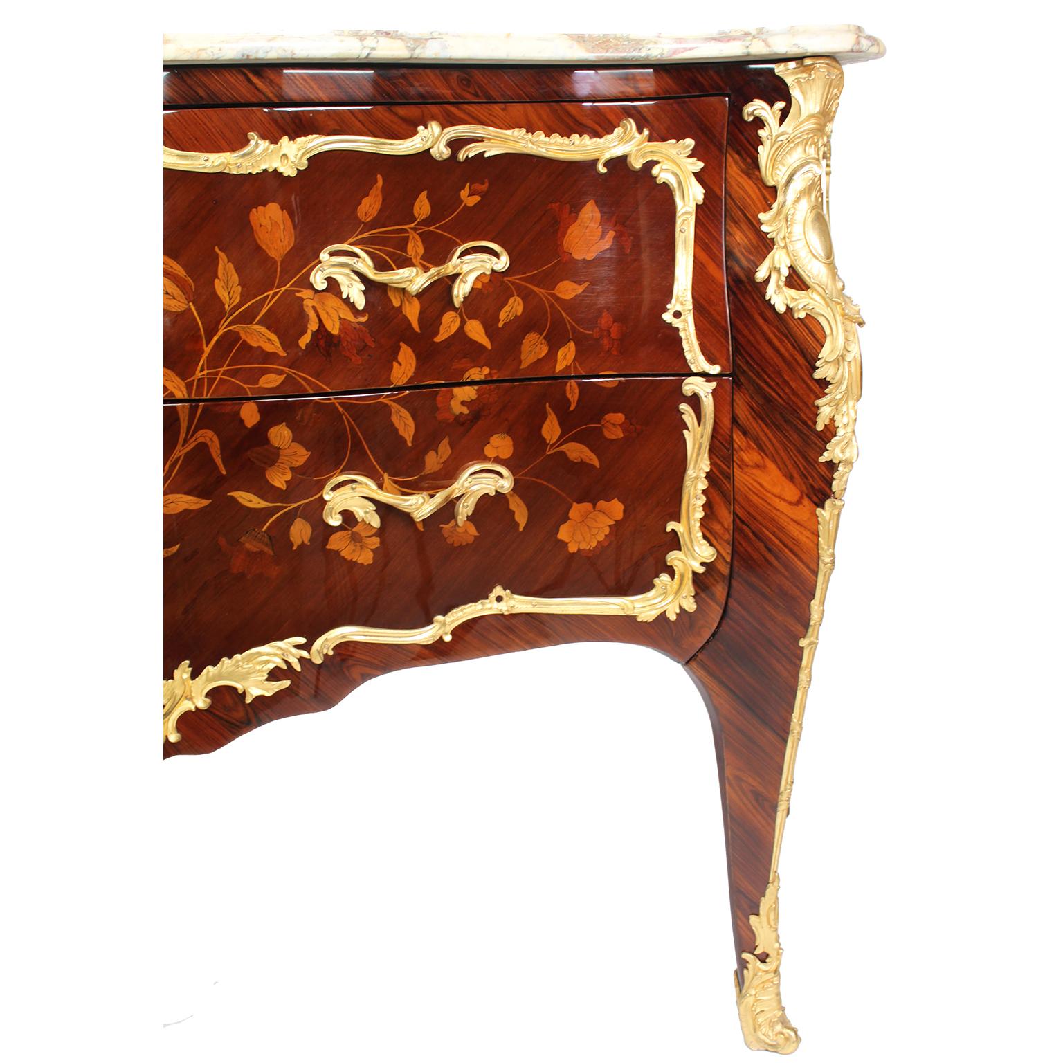 Fine Pair French 19th Century Louis XV Style Gilt-Bronze & Marquetry Commodes For Sale 5