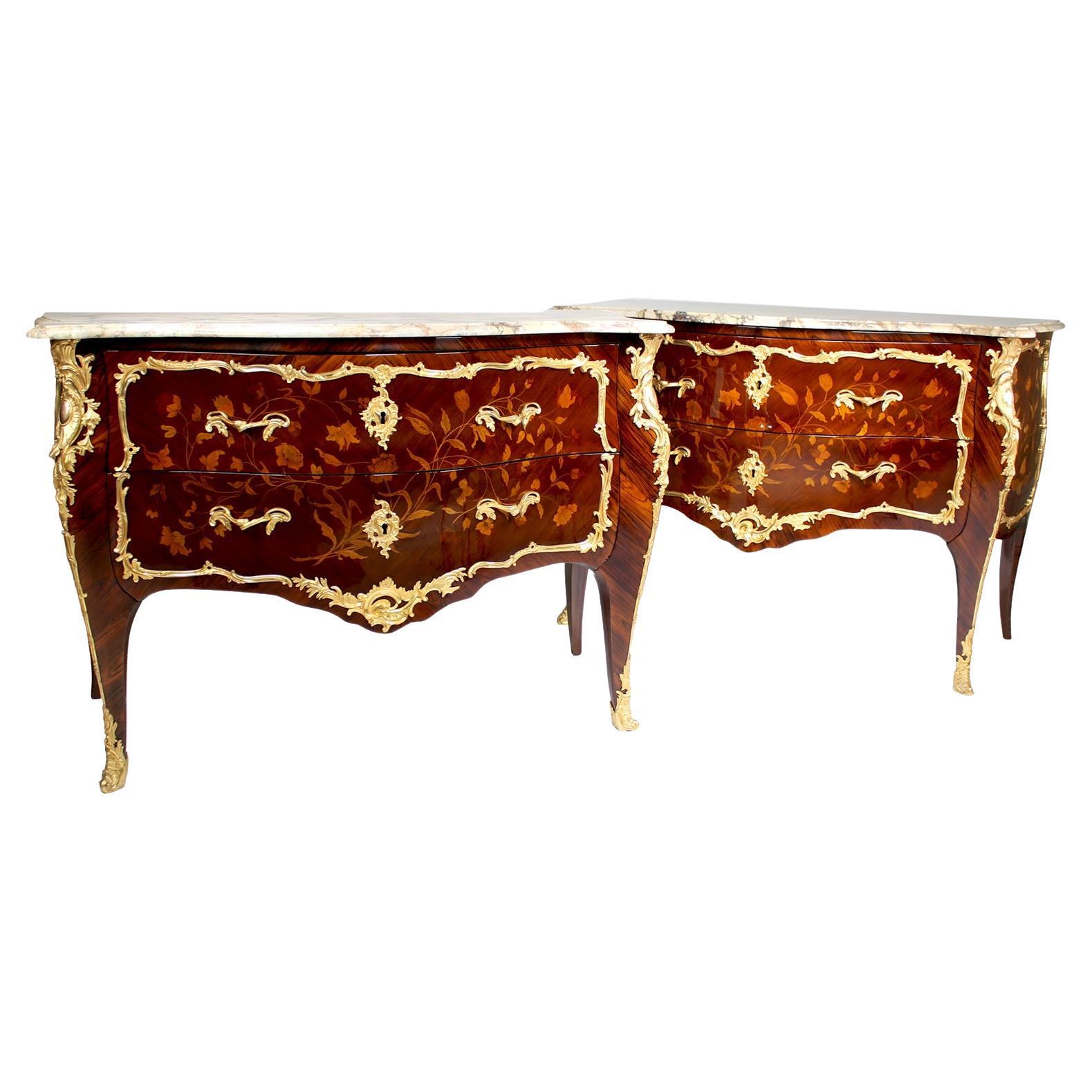 Fine Pair French 19th Century Louis XV Style Gilt-Bronze & Marquetry Commodes