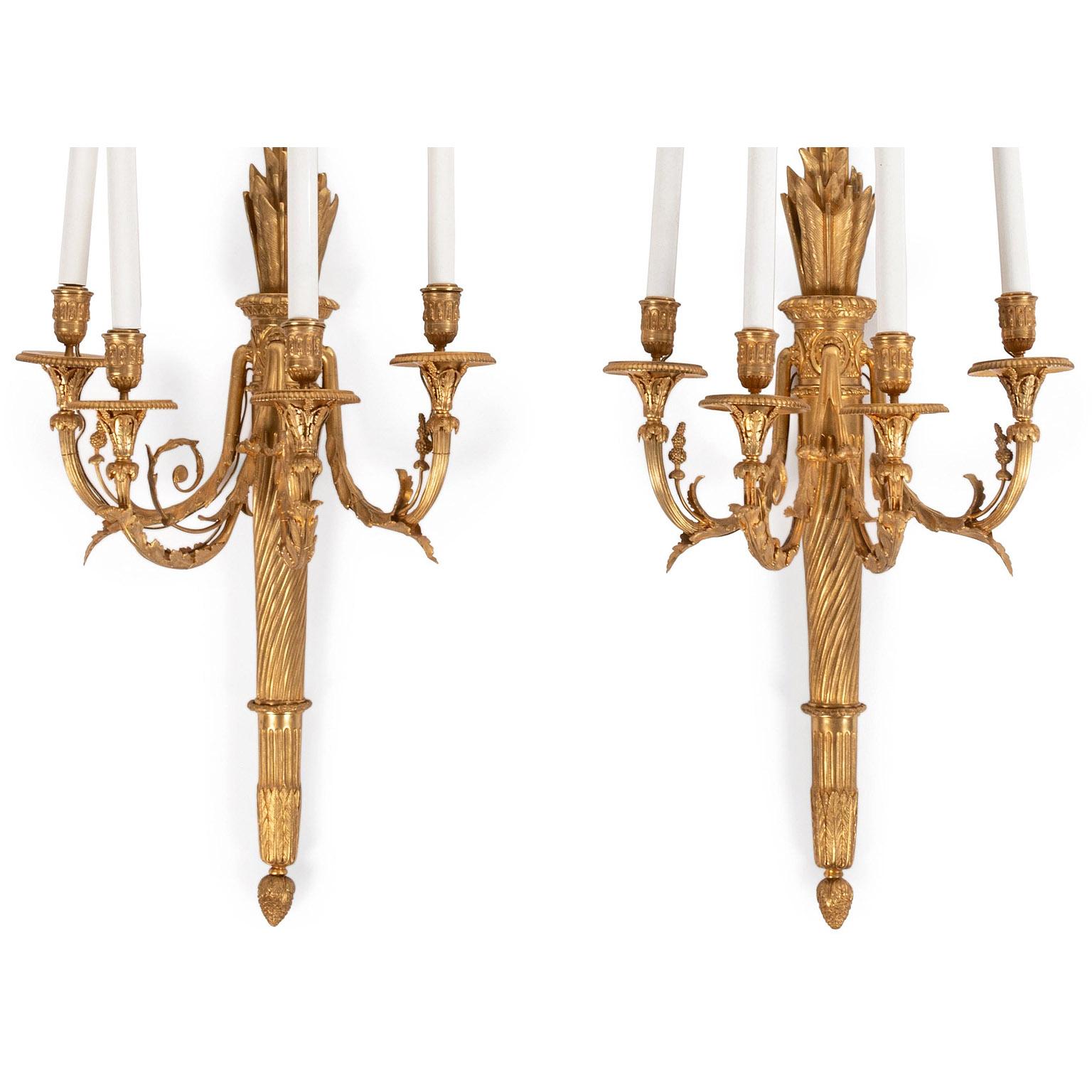 French Fine Pair of 19th Century Louis XVI Style Gilt Bronze 4-Light Wall Sconces