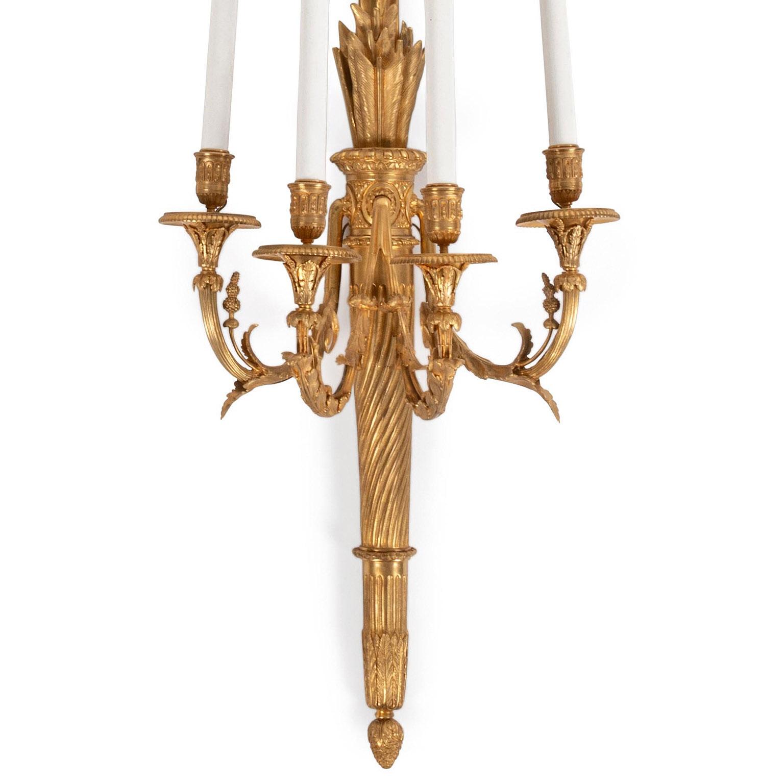 Fine Pair of 19th Century Louis XVI Style Gilt Bronze 4-Light Wall Sconces In Good Condition In Los Angeles, CA