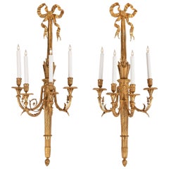 Fine Pair of 19th Century Louis XVI Style Gilt Bronze 4-Light Wall Sconces