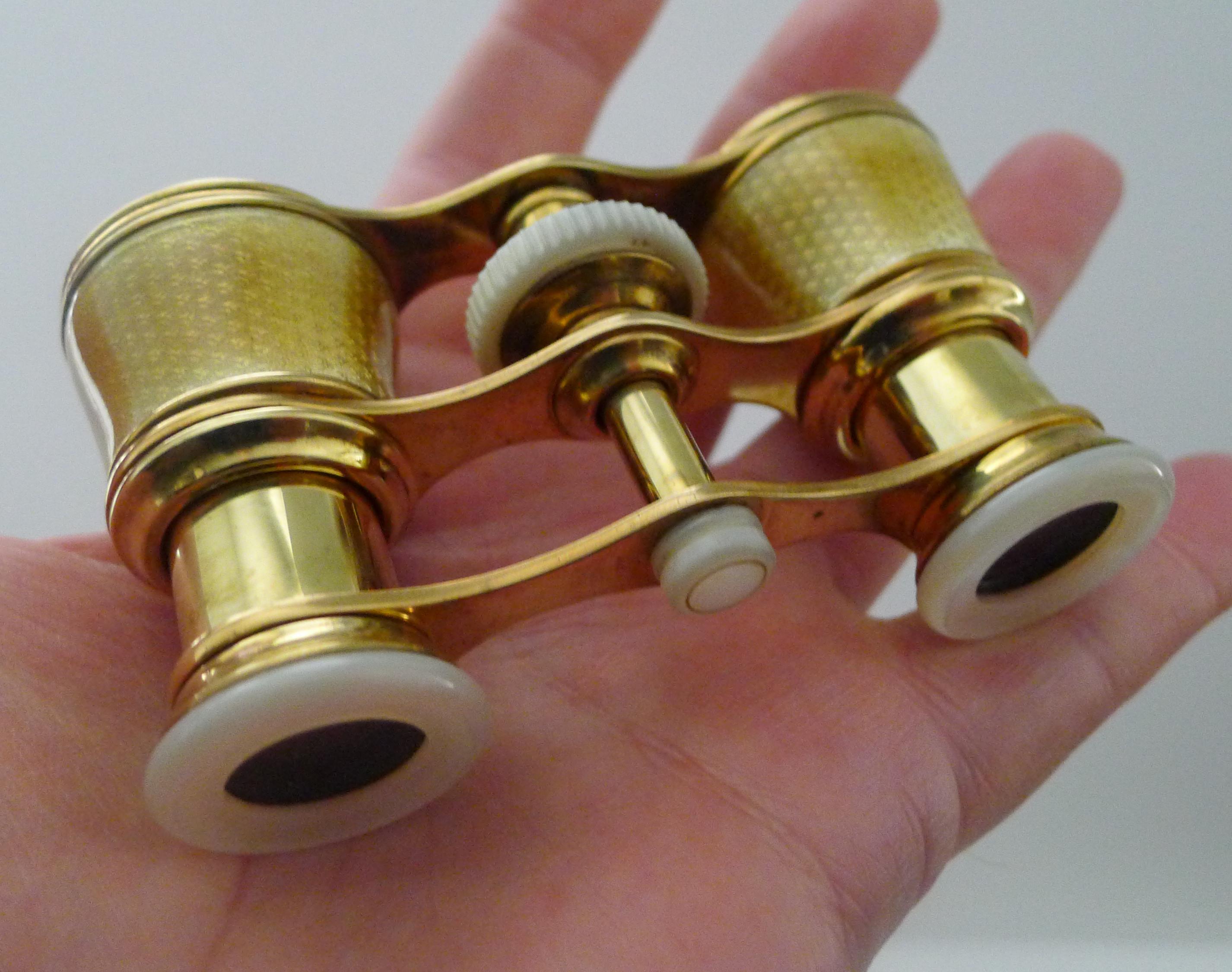 Early 20th Century Fine Pair Golden Guilloche Enamel and Mother of Pearl Opera Glasses, c.1910 For Sale