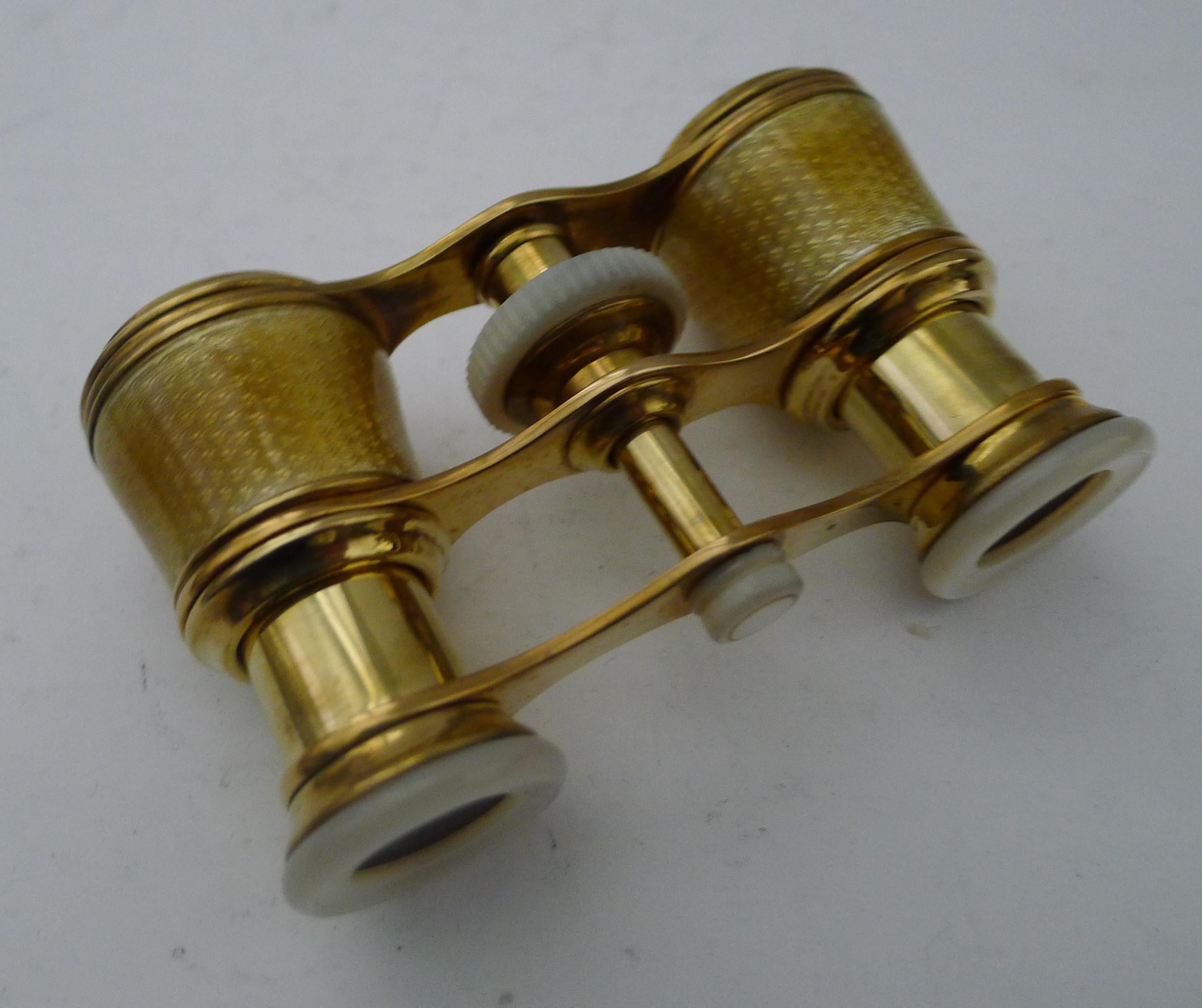 Fine Pair Golden Guilloche Enamel and Mother of Pearl Opera Glasses, c.1910 For Sale 3