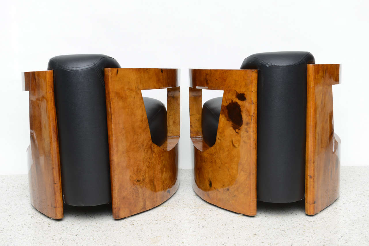 Leather Fine Pair Italian Modern Rootwood Armchairs, 1960s