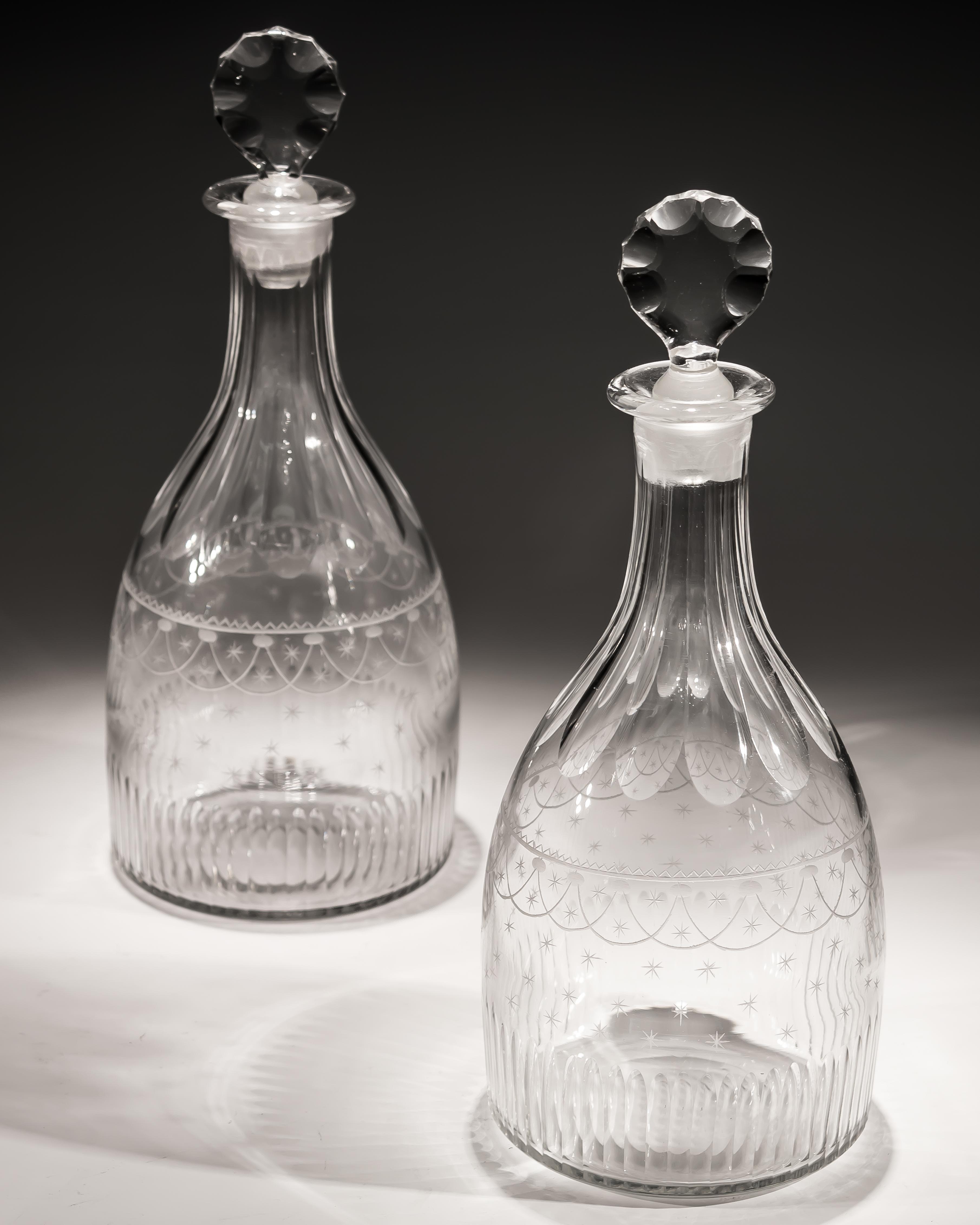 Georgian Fine Pair of 18th Century Decanters Engraved with Swags and Stars For Sale