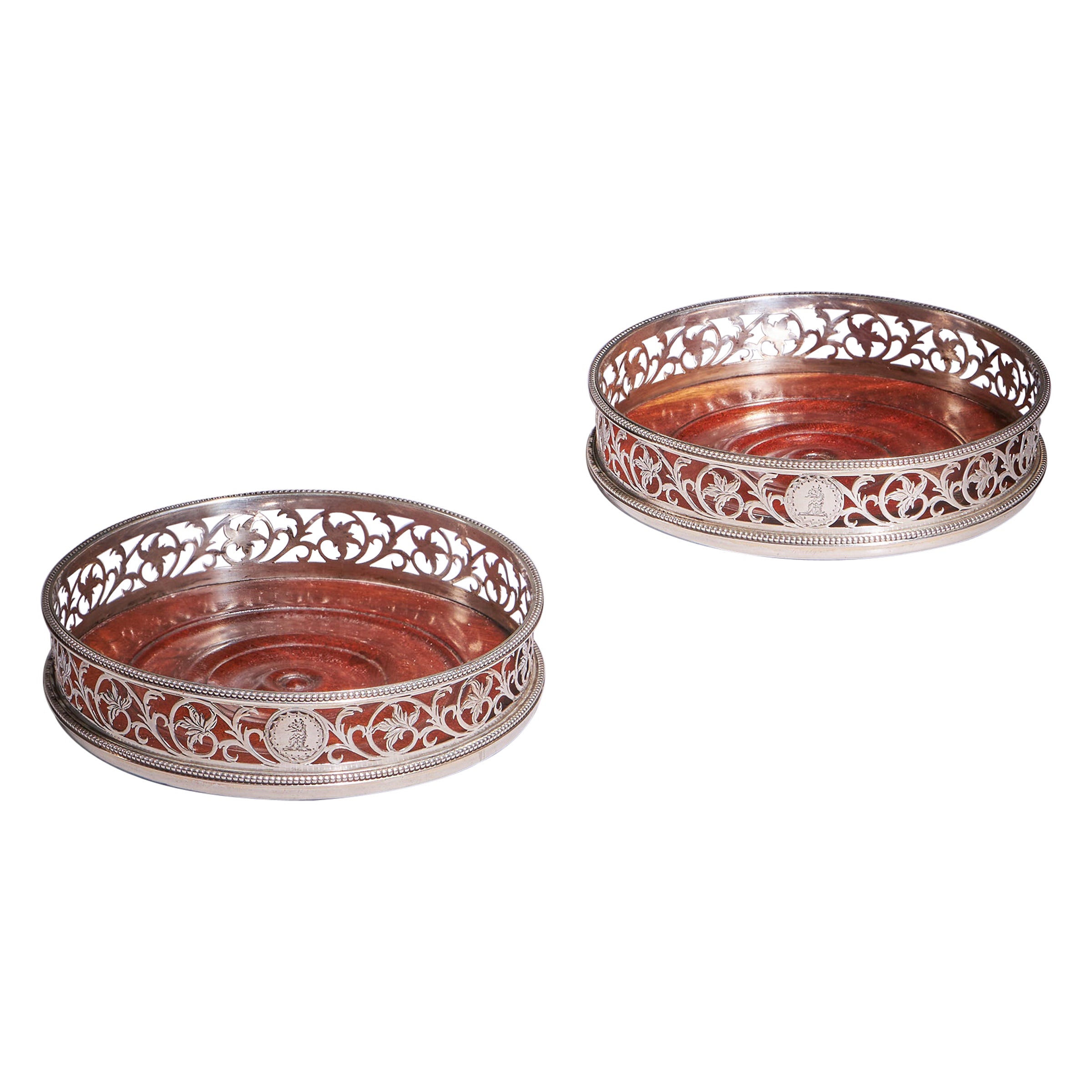 A Fine Pair of 18th Century George III Silver Engraved Open Fret Wine Coasters For Sale