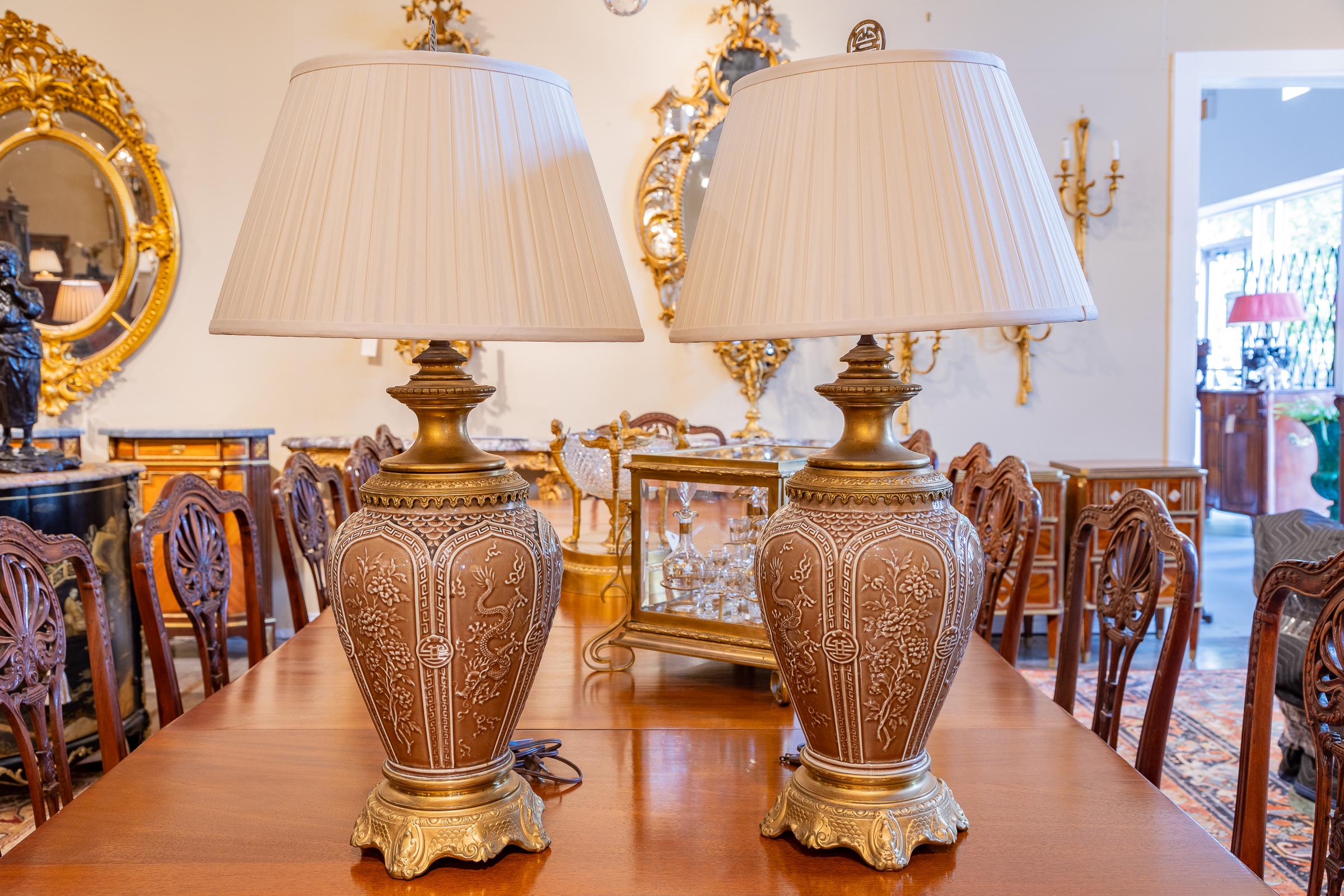 Fine Pair of 19th C French Chinoiserie Porcelain Urn Lamps with Gilt Bronze For Sale 1