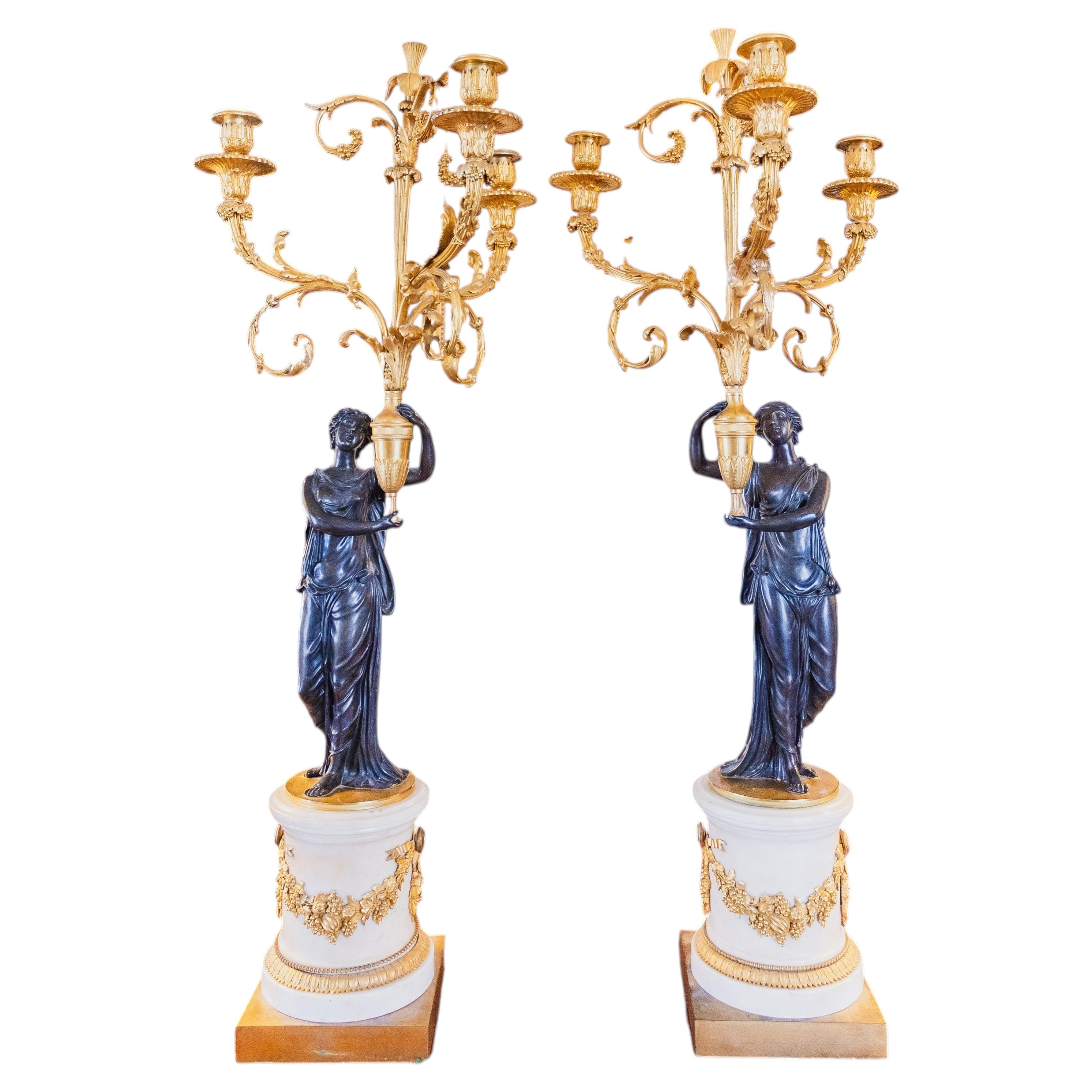 A fine pair of 19th c French Classical candelabra with fine gilt bronze mounts For Sale