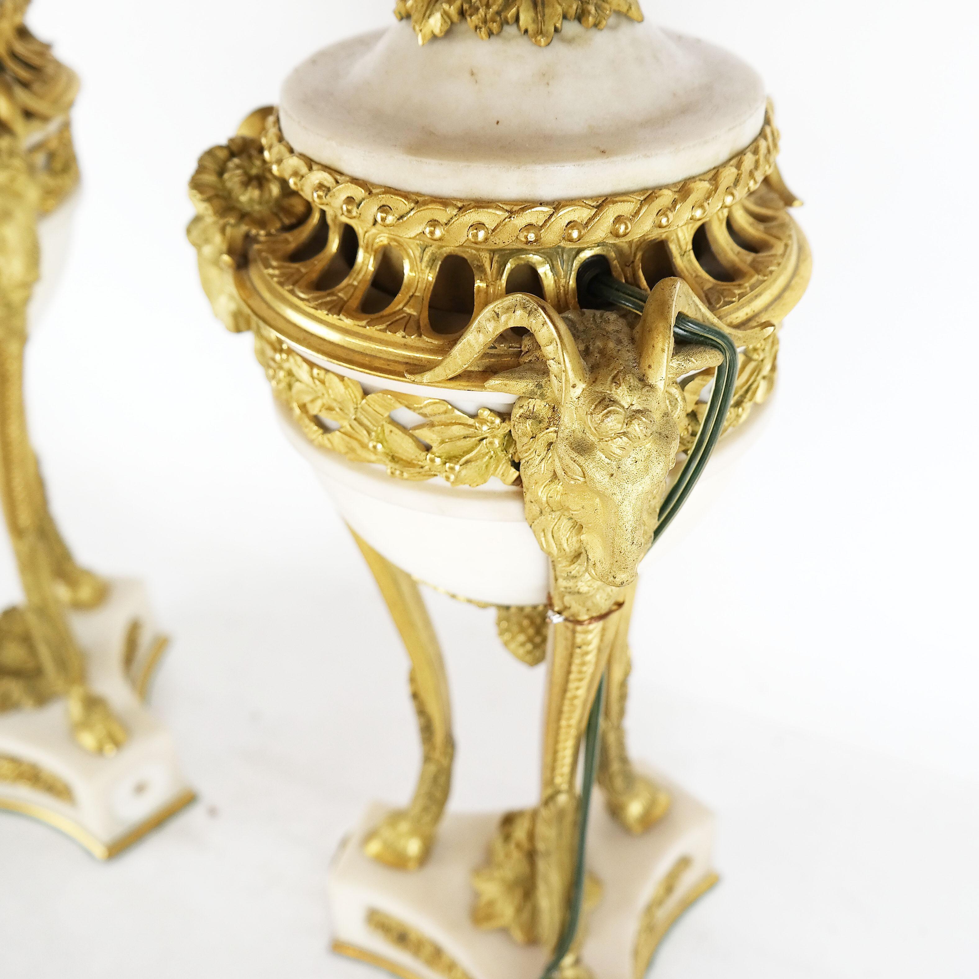 19th Century Fine Pair of 19th C French Louis XVI Carrera Marble and Gilt Bronze Lamps