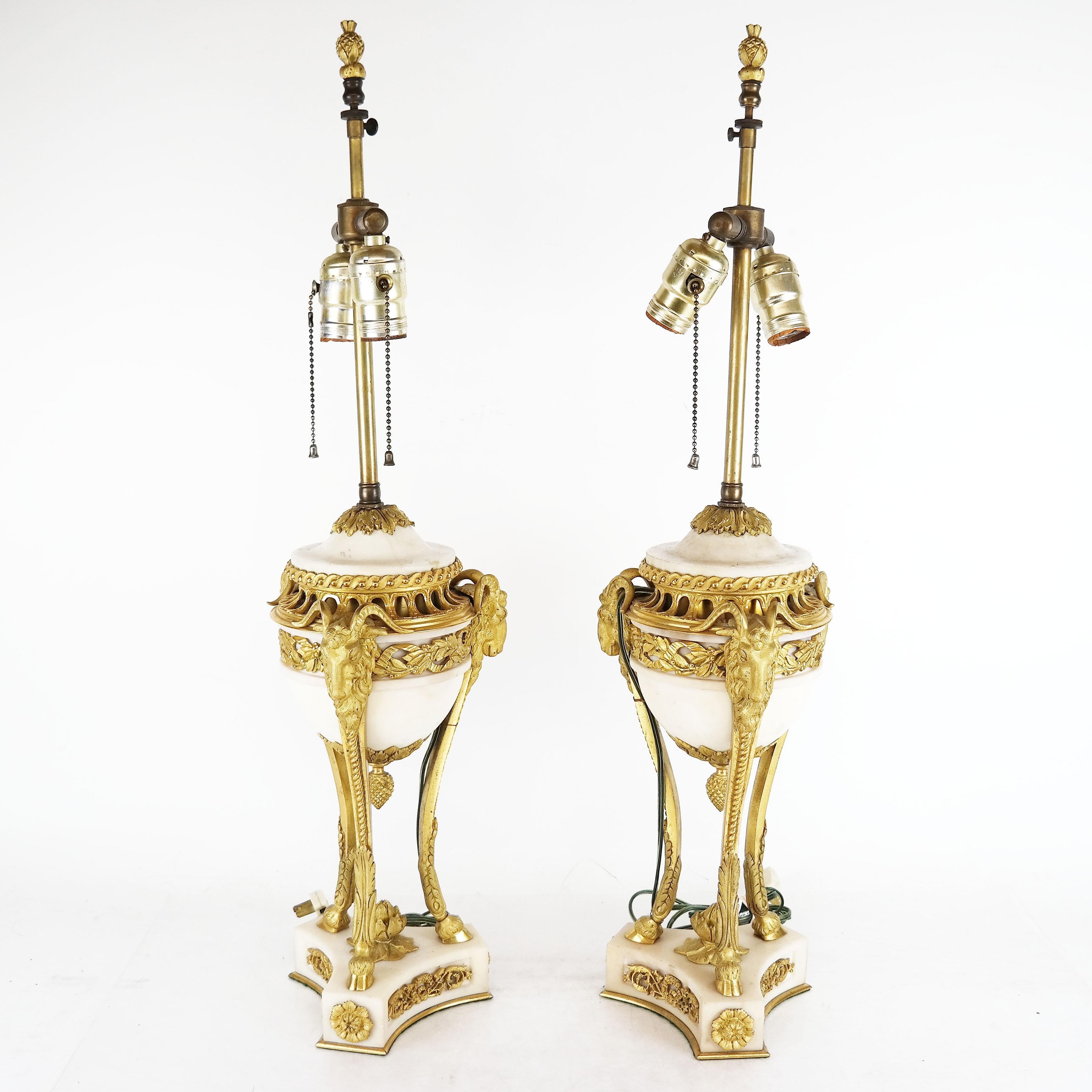 Carrara Marble Fine Pair of 19th C French Louis XVI Carrera Marble and Gilt Bronze Lamps