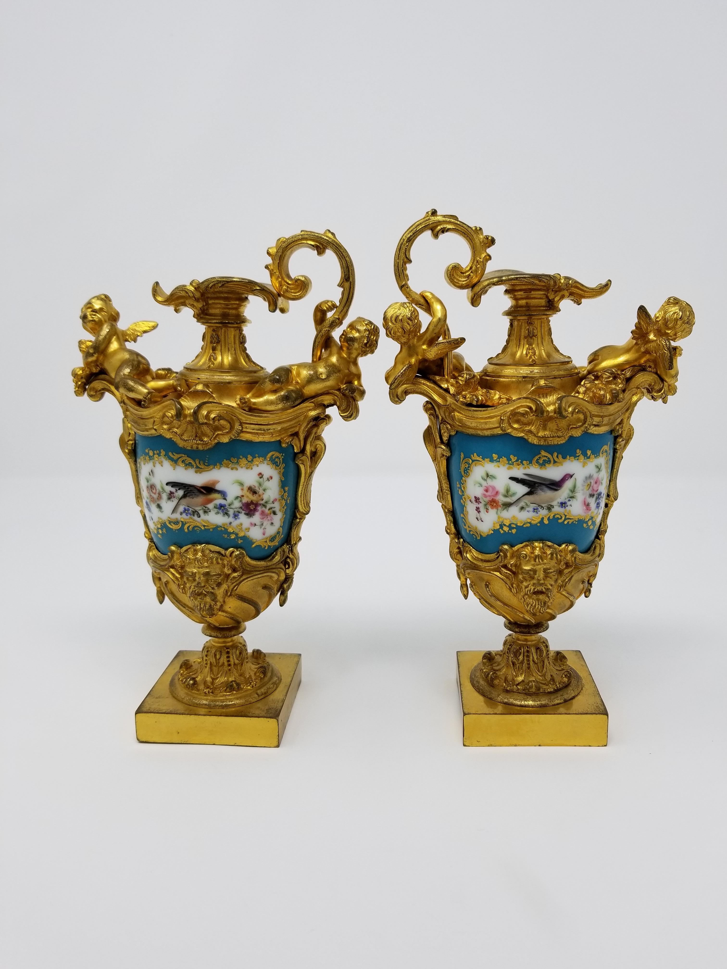 Louis XVI Fine 19th Century French Sèvres Style Porcelain & Doré Bronze-Mounted Ewers For Sale