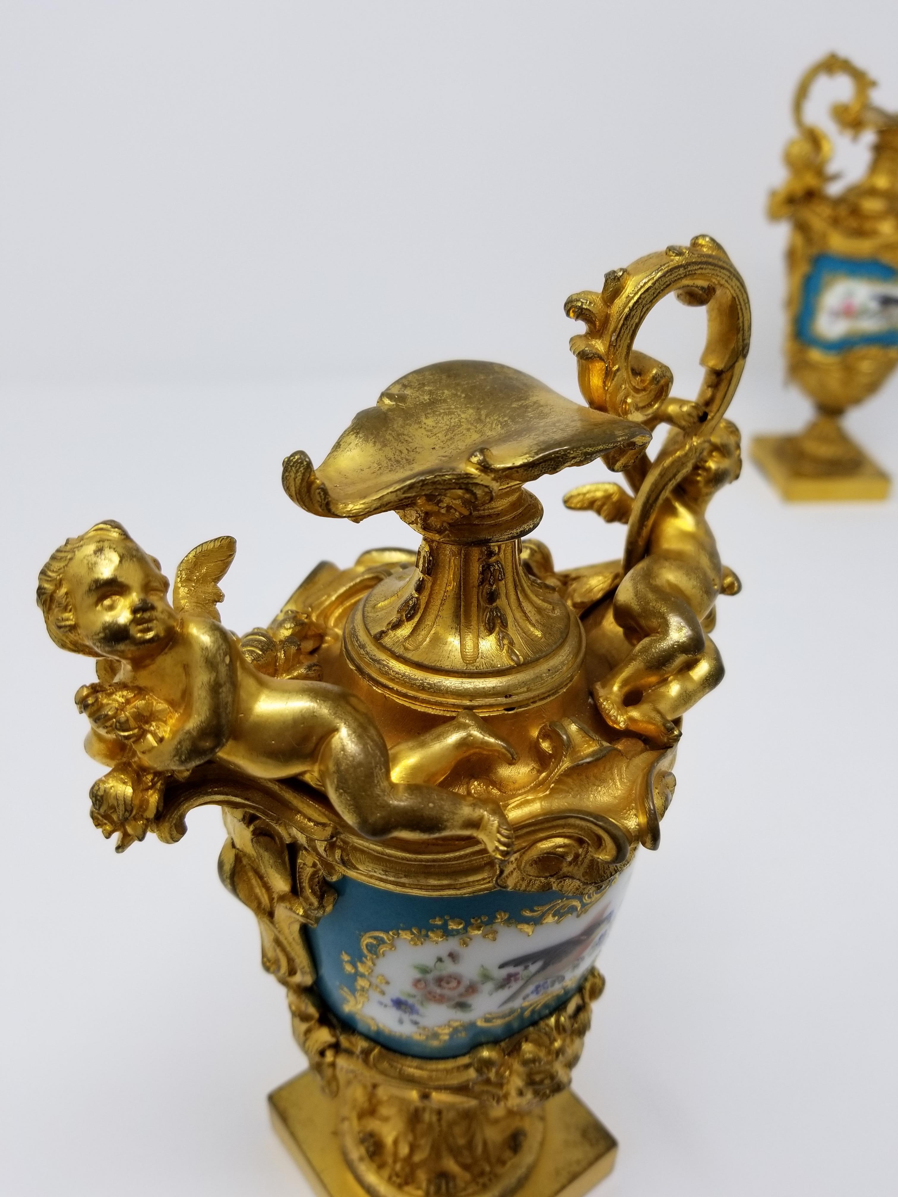 Hand-Painted Fine 19th Century French Sèvres Style Porcelain & Doré Bronze-Mounted Ewers For Sale