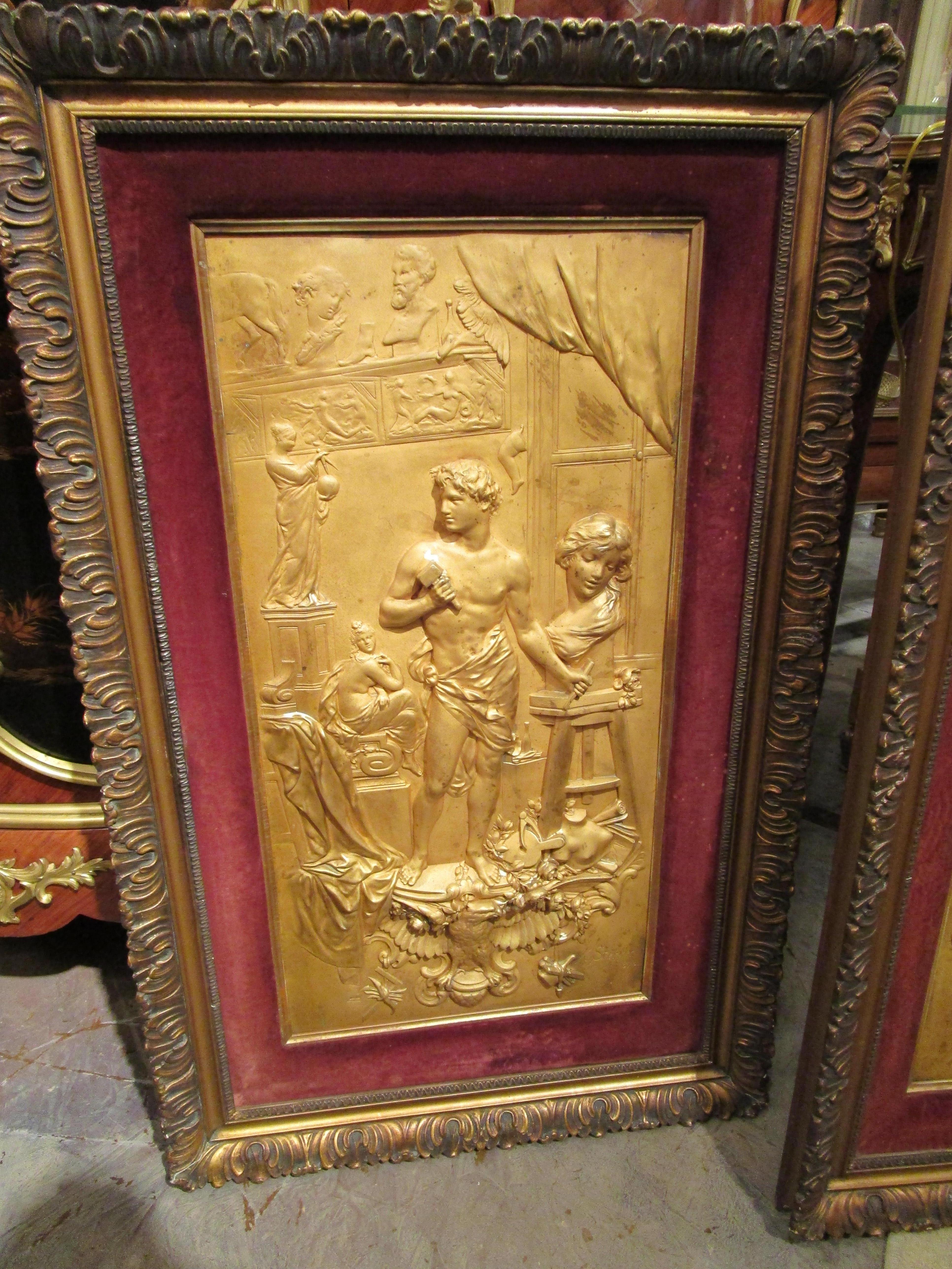 A fine pair of 19th century French gilt bronze relief plaques by Karl Sterrer. Finest gilt bronze relief of the Gods of the Arts. Apollo and Hebe his daughter.