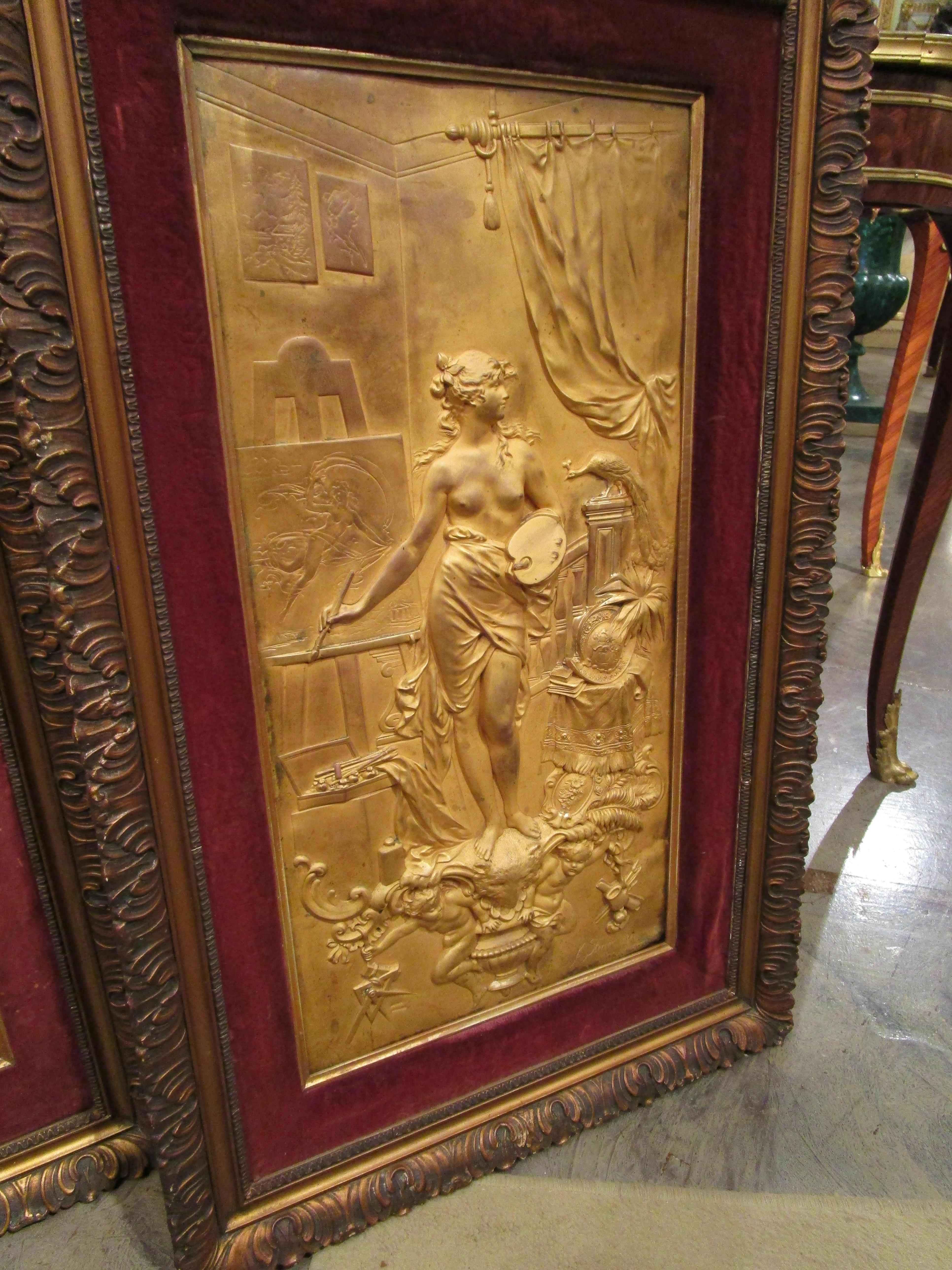 Fine Pair of 19th C Gilt Bronze Relief Plaques by Karl Sterrer 'Austrian 1844' In Good Condition In Dallas, TX