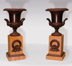 Fine Pair of 19th Century Bronze Urn Lamps with Marble Bases