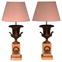 Fine Pair of 19th Century Bronze Urn Lamps with Marble Bases