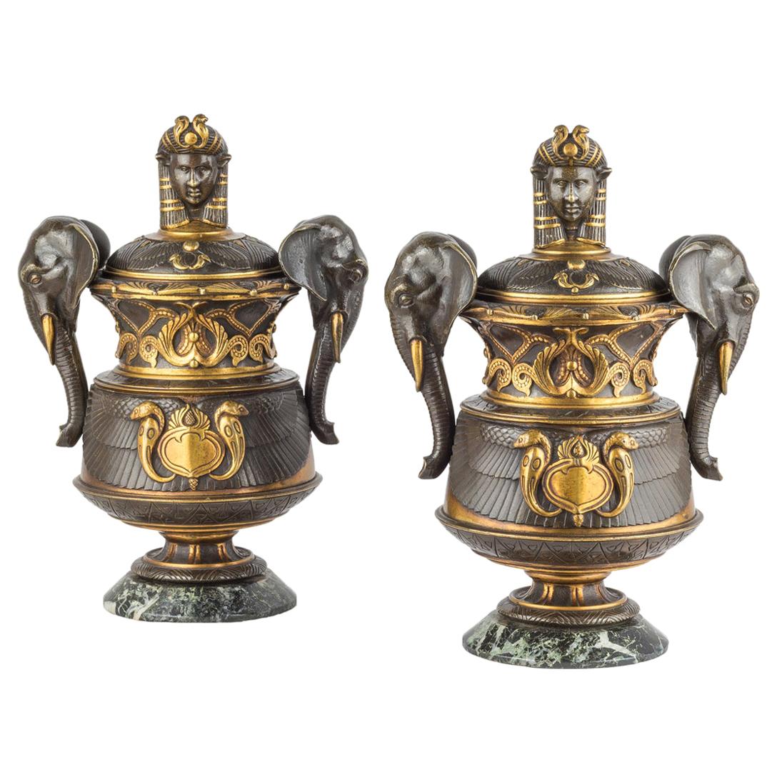 Fine Pair of 19th Century Egyptian Revival Gilt and Patinated Vases with Lids