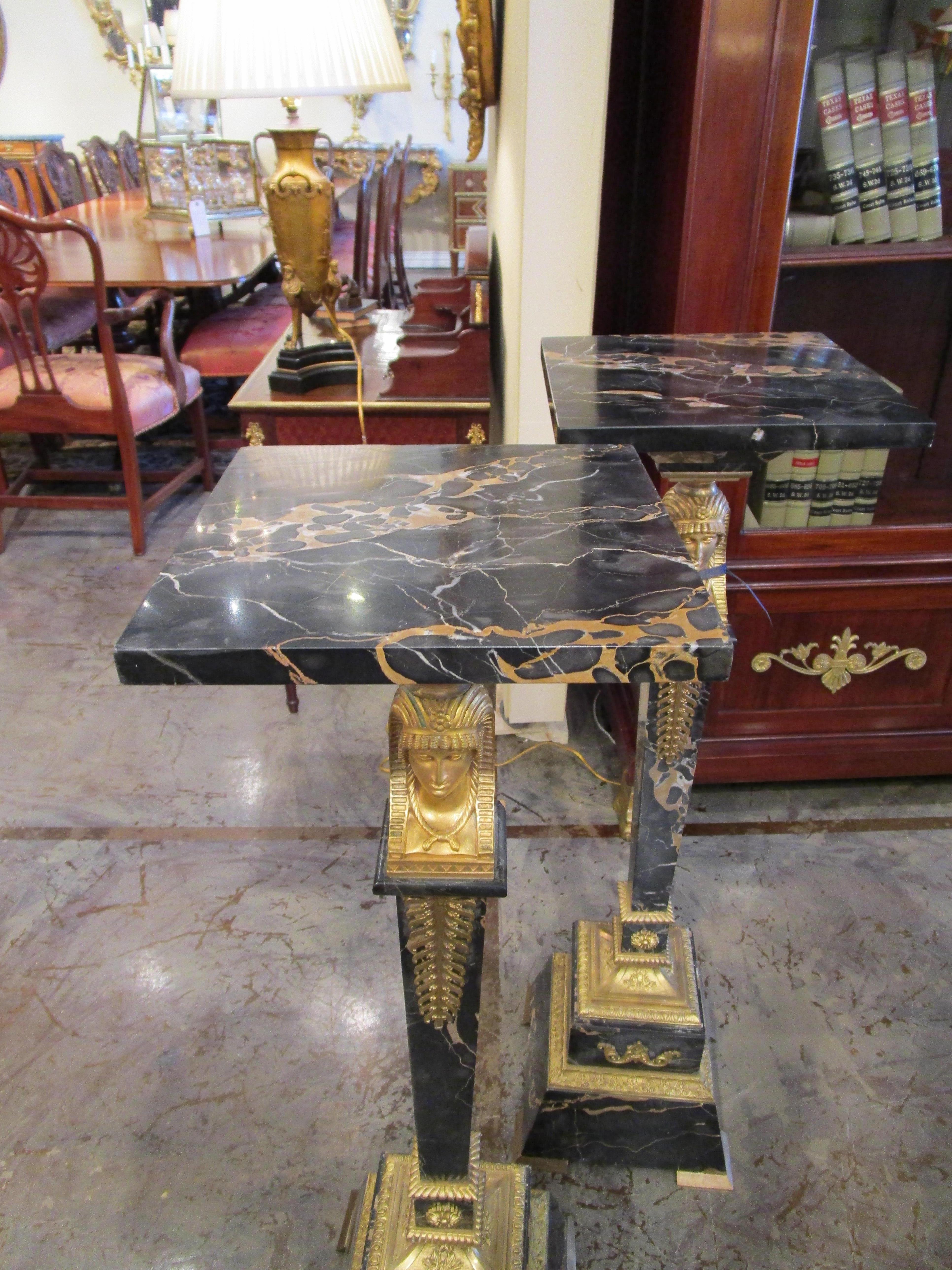 Fine Pair of 19th Century Empire Marble and Gilt Bronze Pedestals For Sale 1