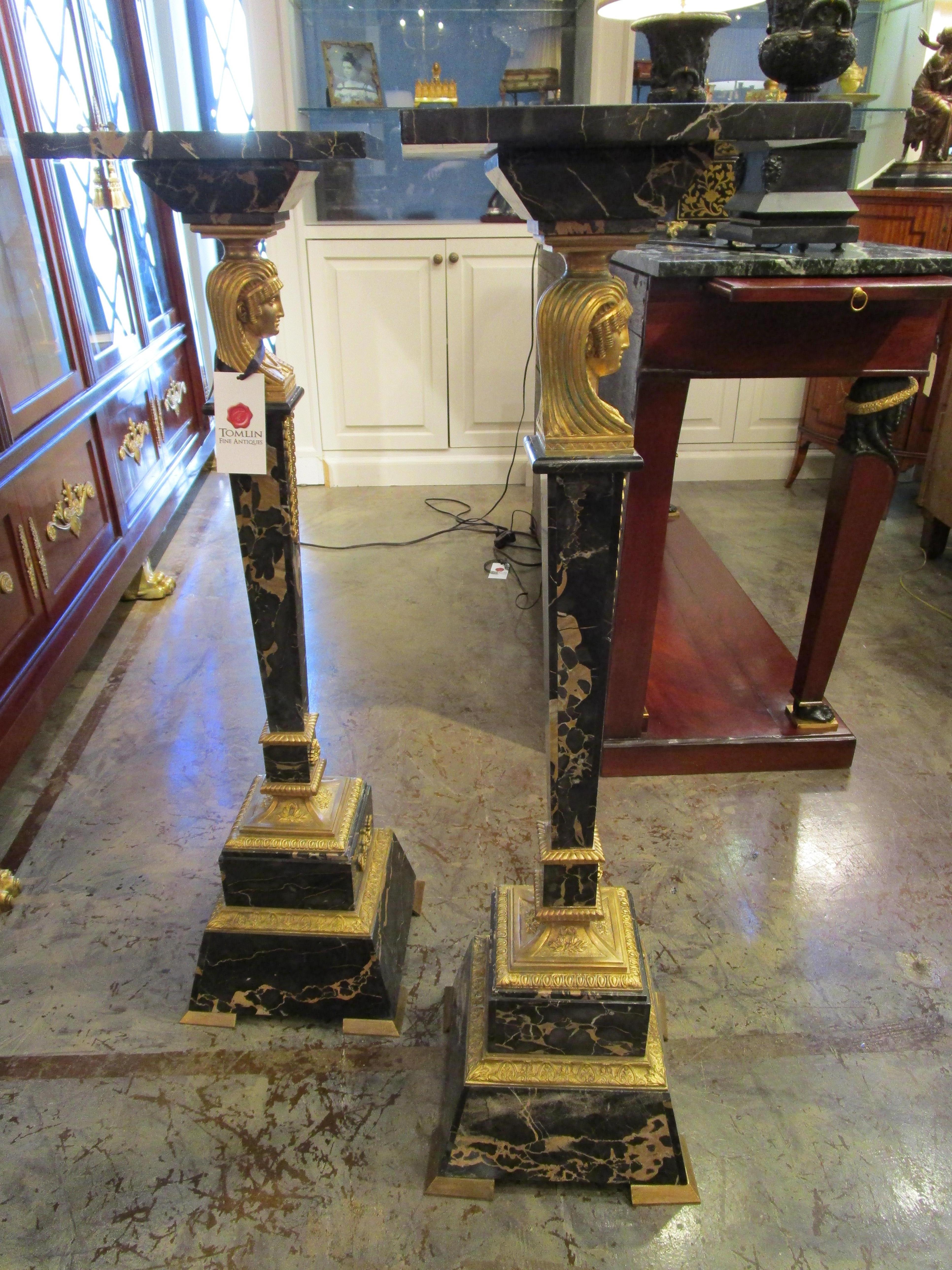 Fine Pair of 19th Century Empire Marble and Gilt Bronze Pedestals For Sale 2