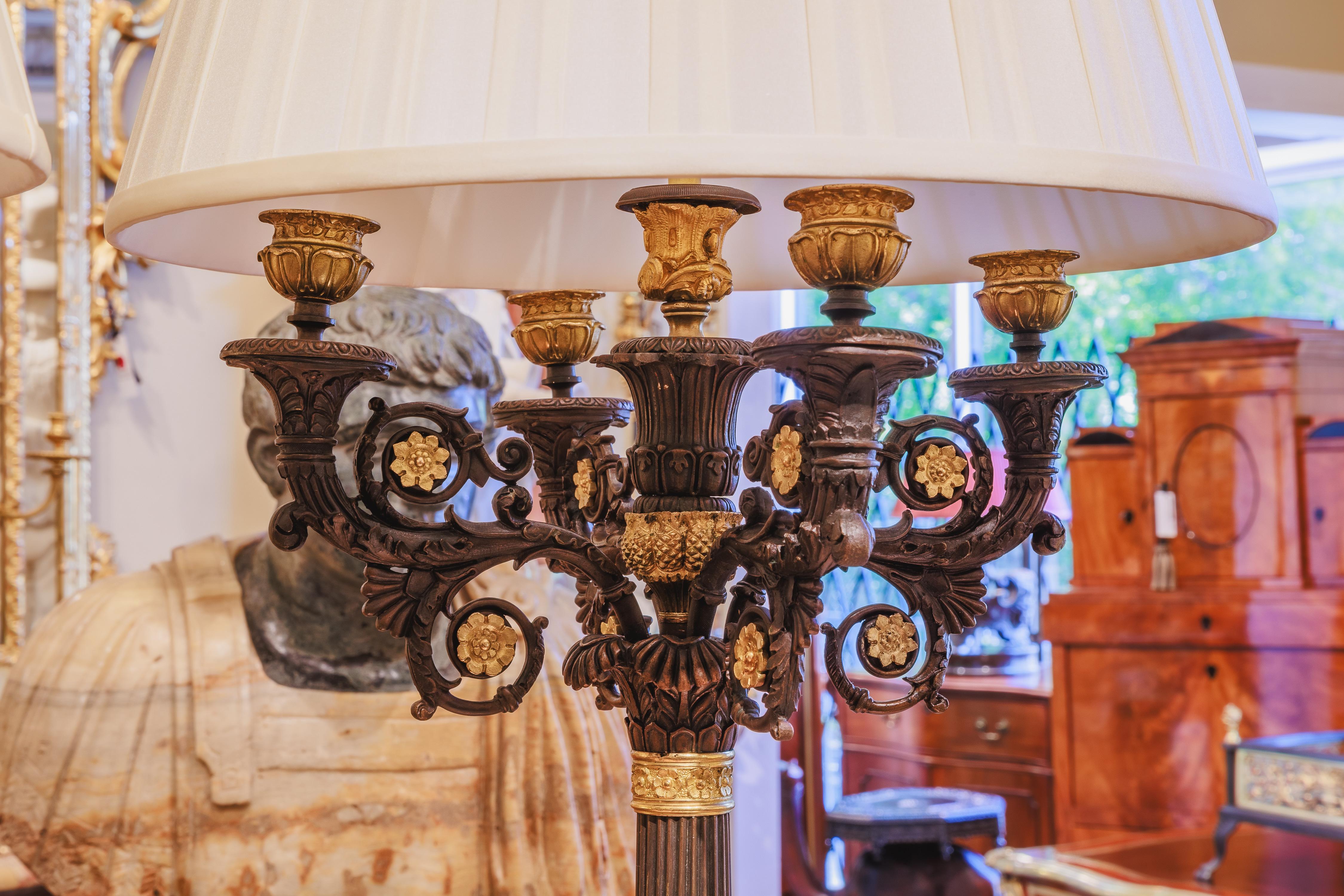 Francese Coppia di lampade a candelabro in bronzo del periodo Charles X, Francia, del XIX secolo in vendita