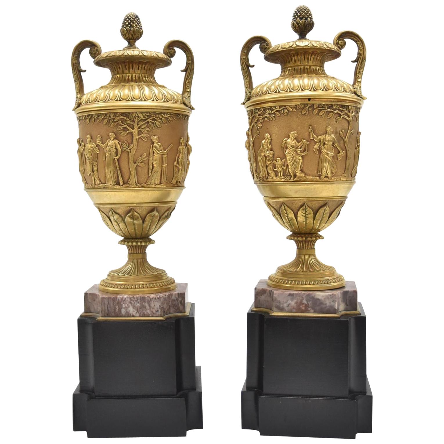 Fine Pair of 19th Century French Classical Gilt Bronze Urns, Barbedienne Style
