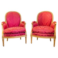 Une belle paire de bergères Louis XVI françaises du 19e siècle, sculptées et dorées, par A. Krieger