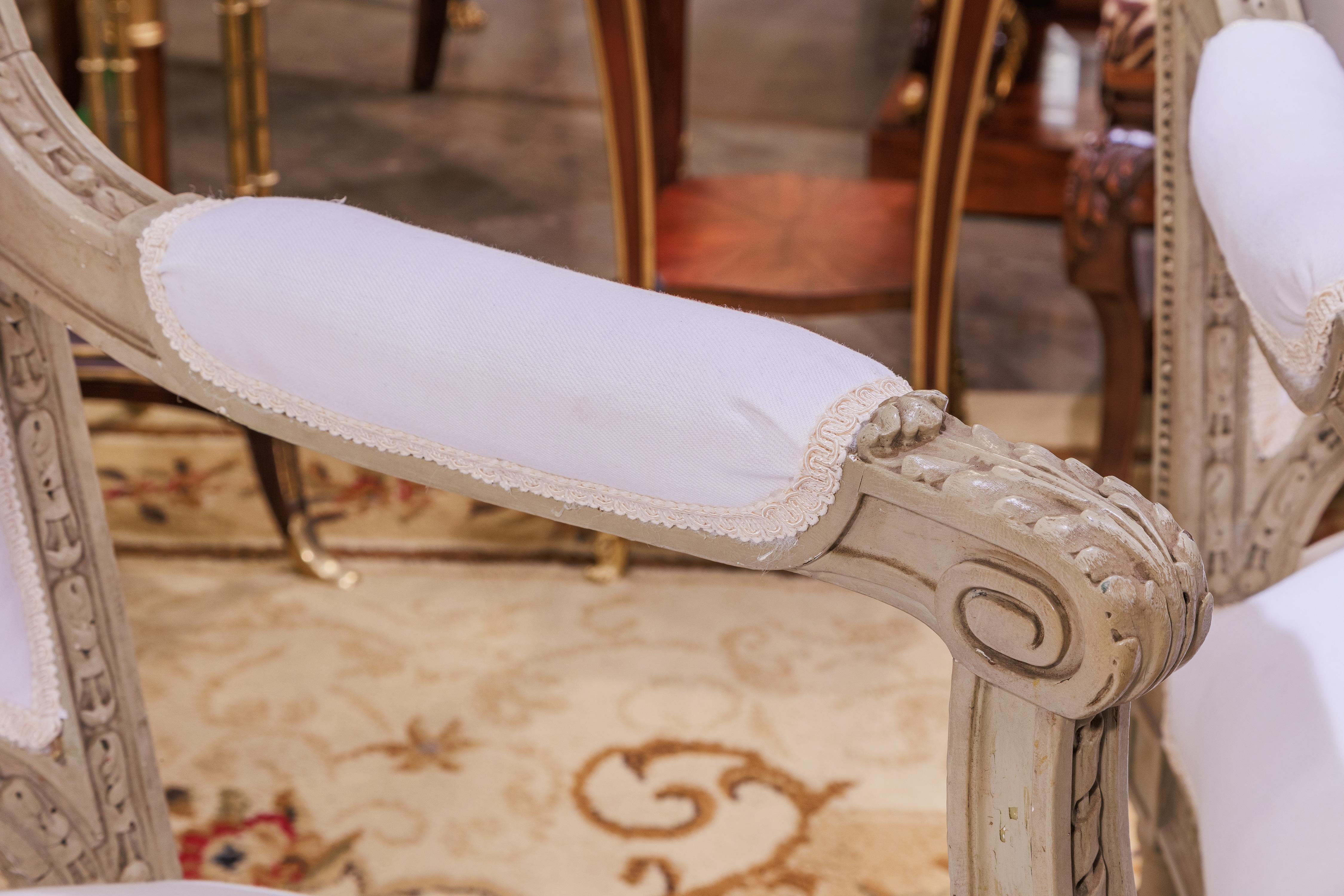 English A fine pair of 19th century French Louis XVI grey painted large armchairs For Sale