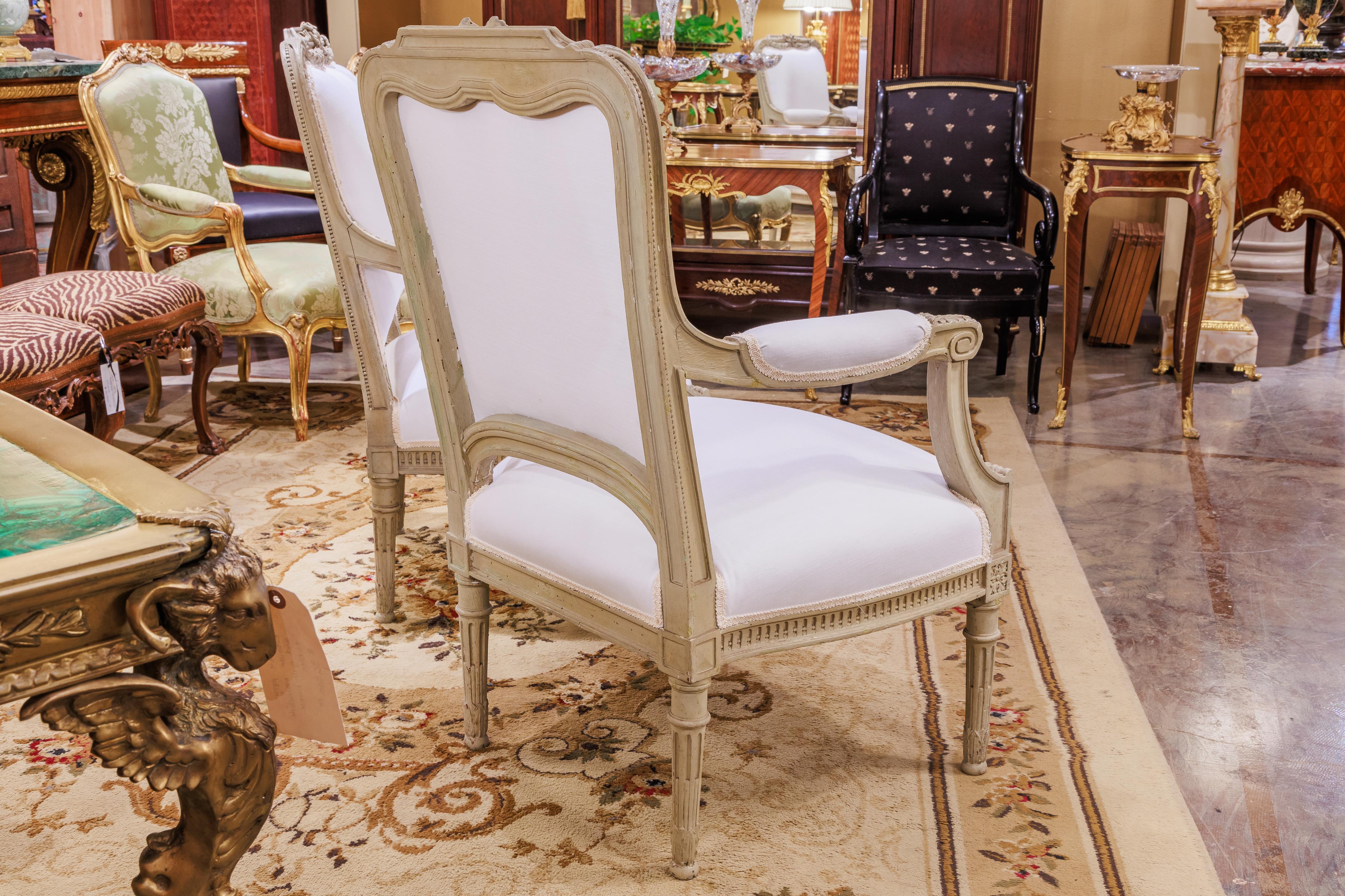 Hand-Carved A fine pair of 19th century French Louis XVI grey painted large armchairs For Sale