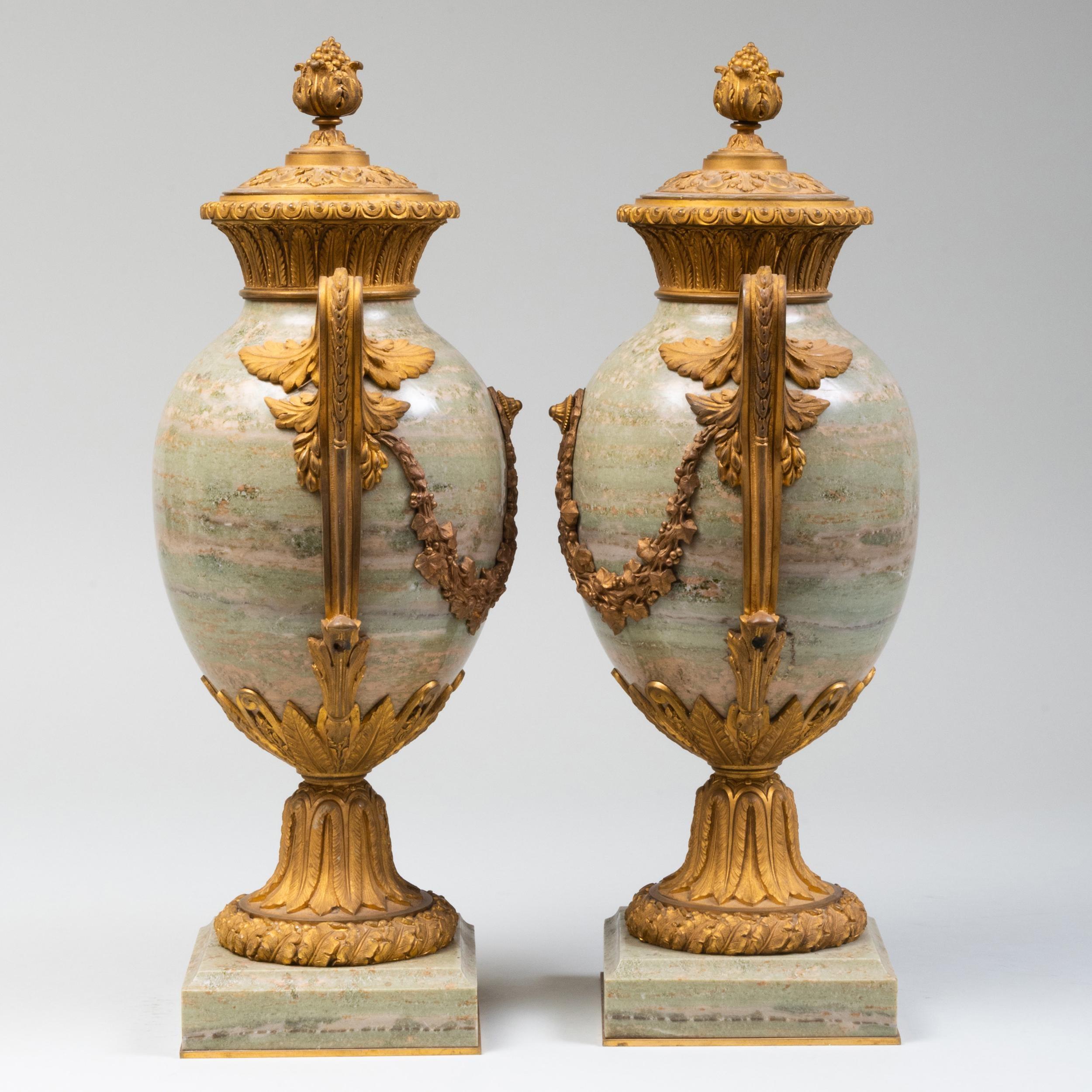 Fine Pair of 19th Century French Louis XVI Marble and Gilt Bronze Lidded Urns In Good Condition In Dallas, TX