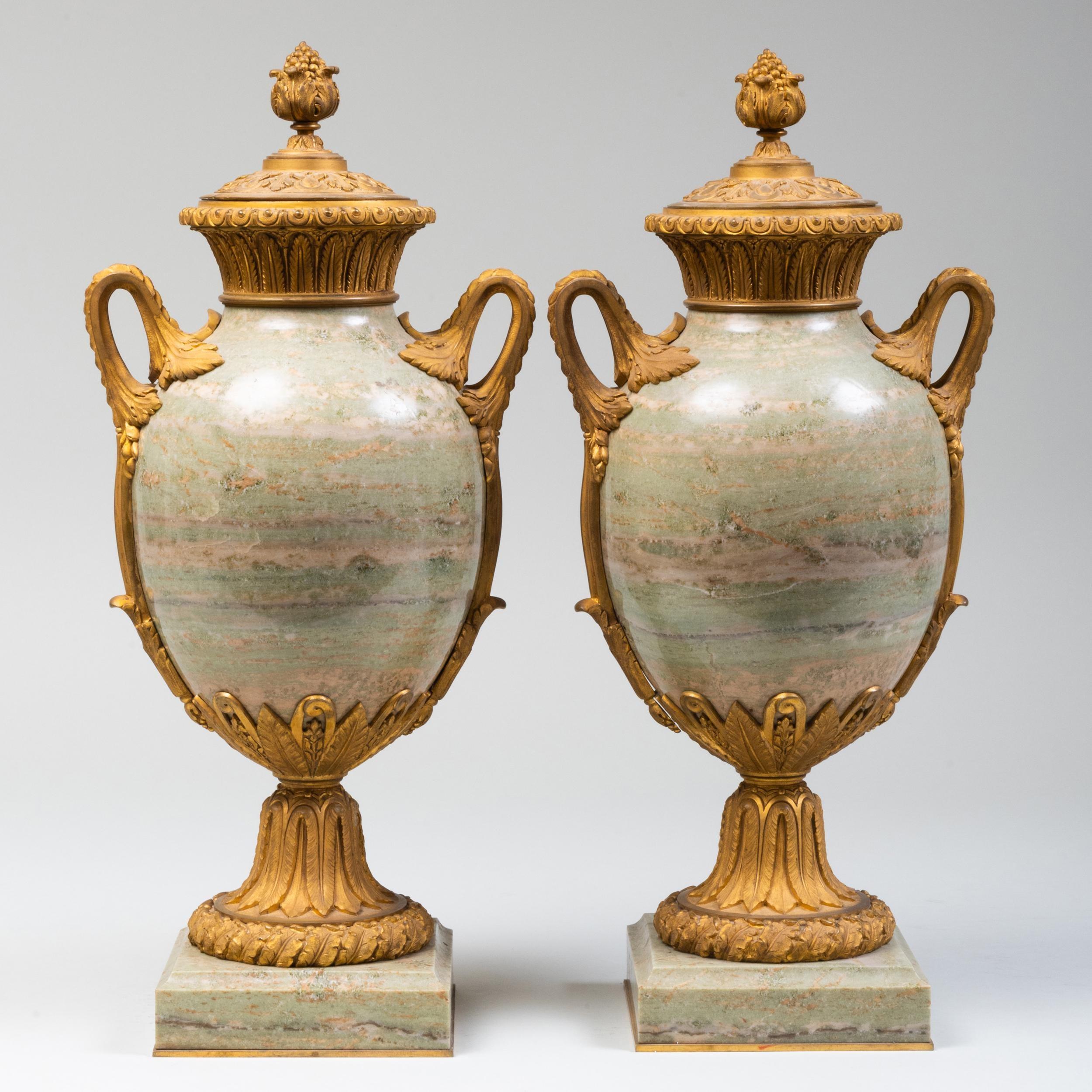 Fine Pair of 19th Century French Louis XVI Marble and Gilt Bronze Lidded Urns 1
