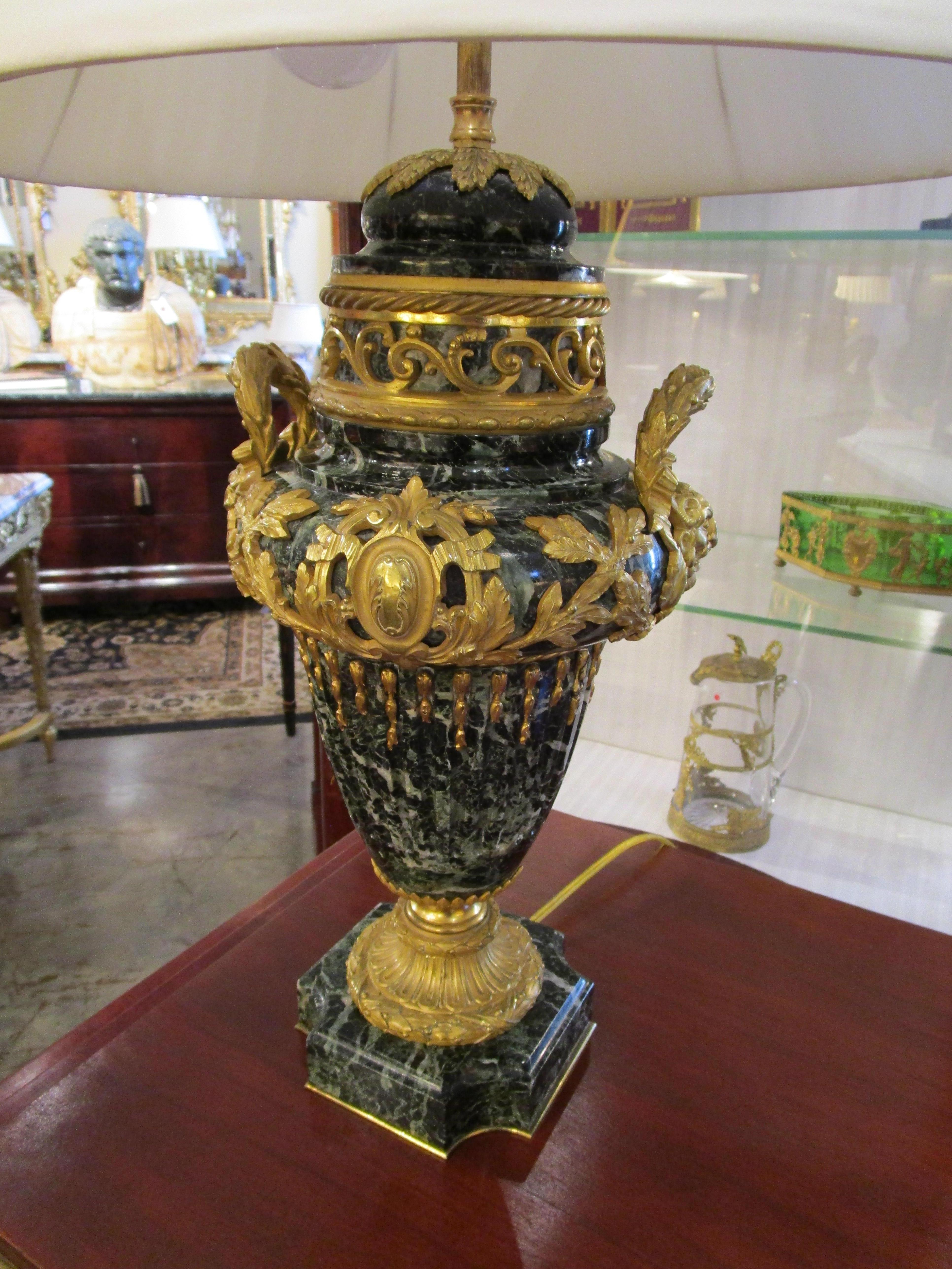Gilt A fine pair of 19th c French Louis XVI marble and gilt bronze mounted urn lamps For Sale