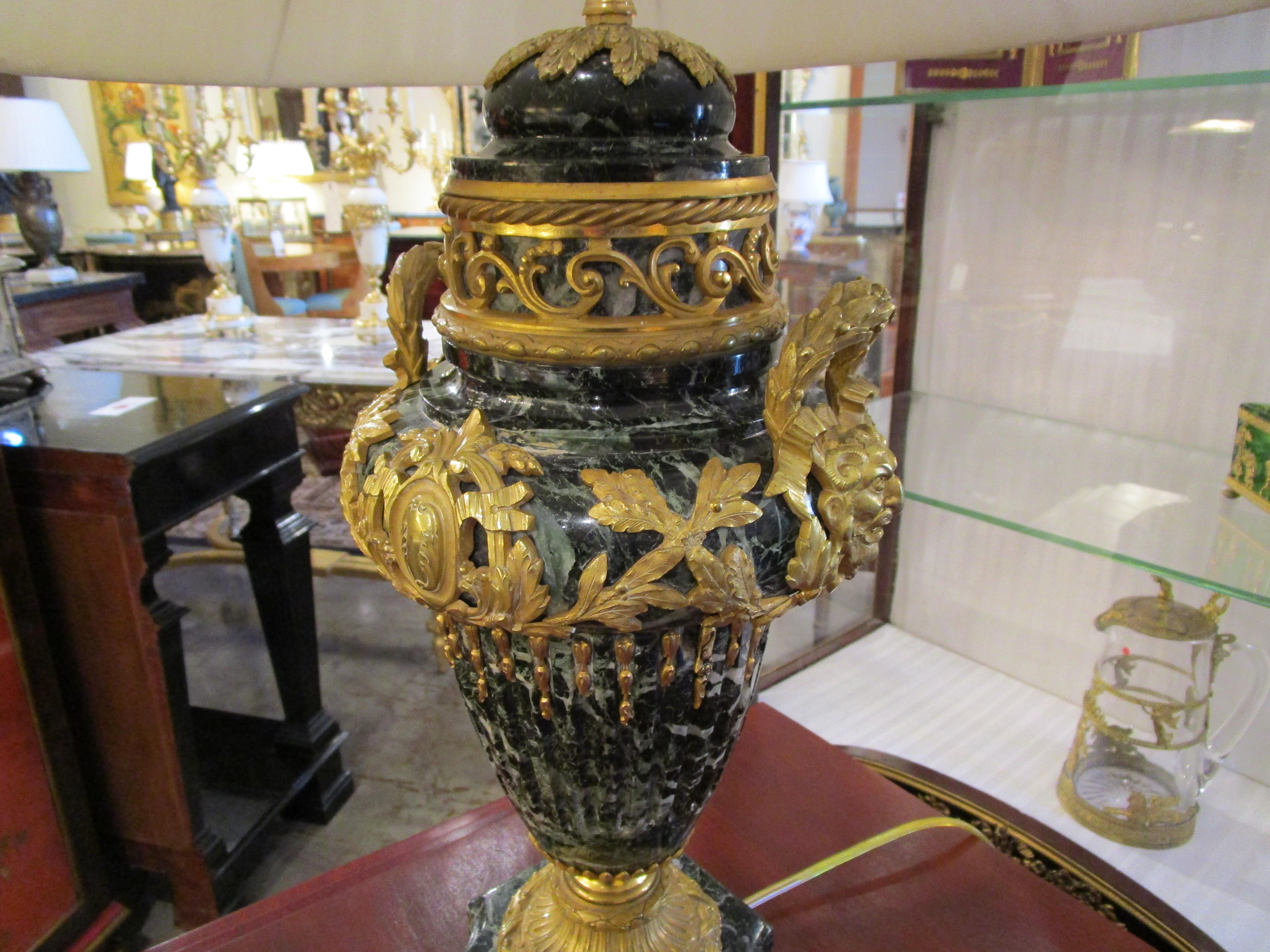 A fine pair of 19th c French Louis XVI marble and gilt bronze mounted urn lamps In Good Condition For Sale In Dallas, TX