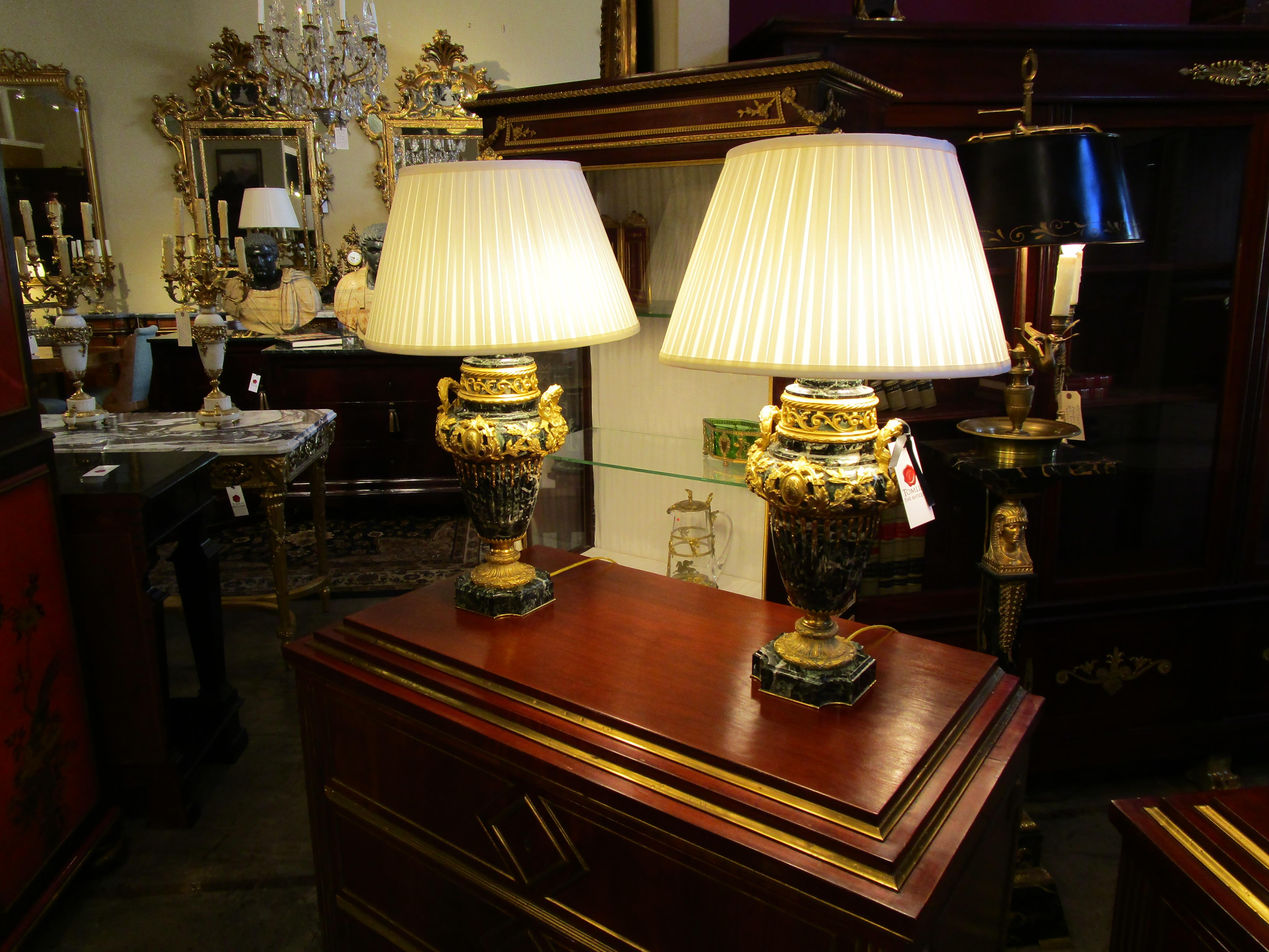 A fine pair of 19th c French Louis XVI marble and gilt bronze mounted urn lamps For Sale 1