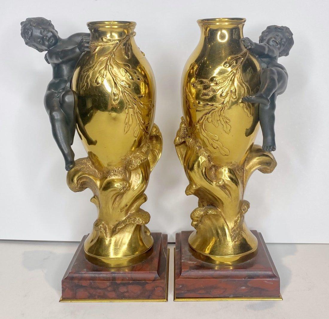 Fine Pair of 19th Century Gilt Bronze Vases by Auguste Moreau In Good Condition For Sale In Dallas, TX