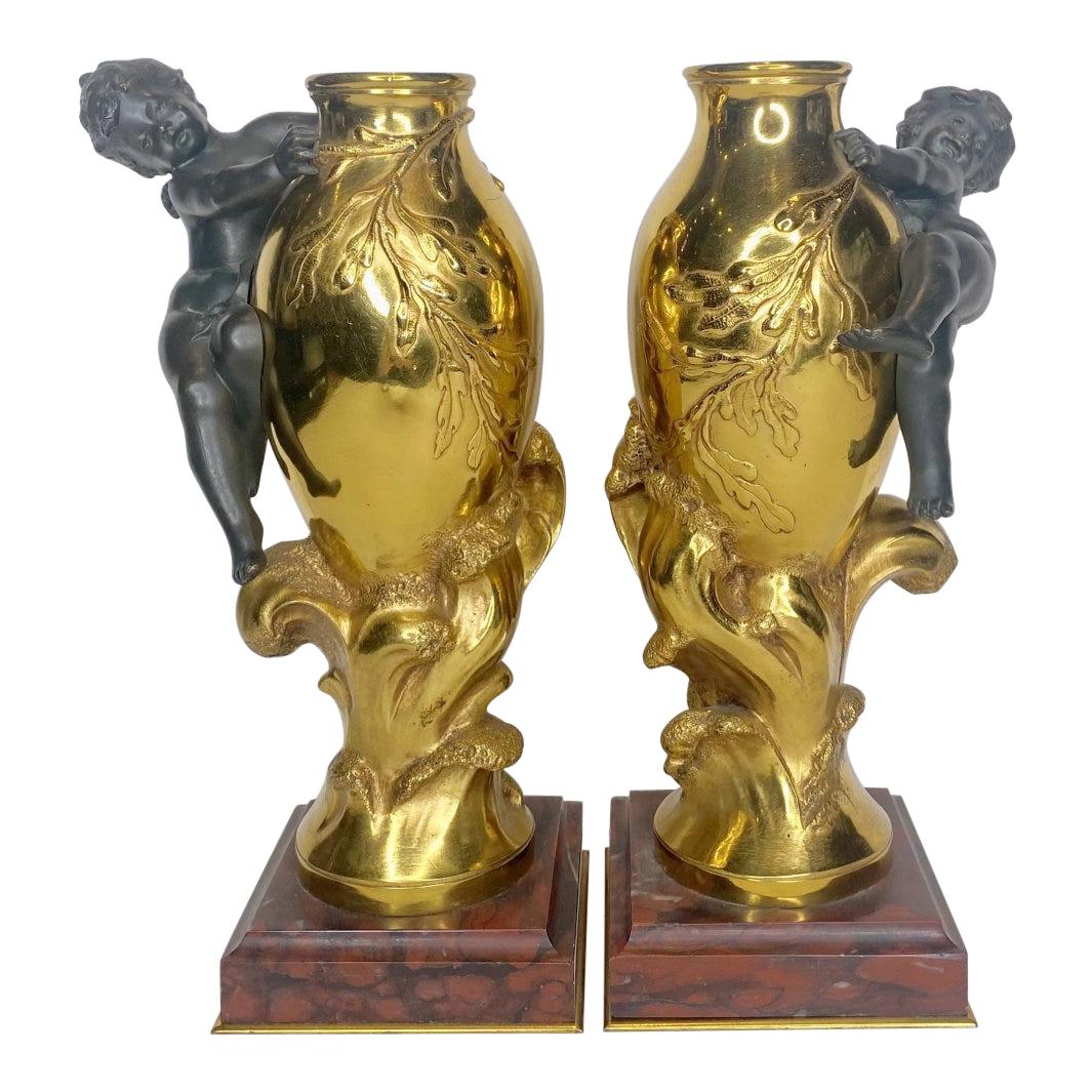 Fine Pair of 19th Century Gilt Bronze Vases by Auguste Moreau For Sale