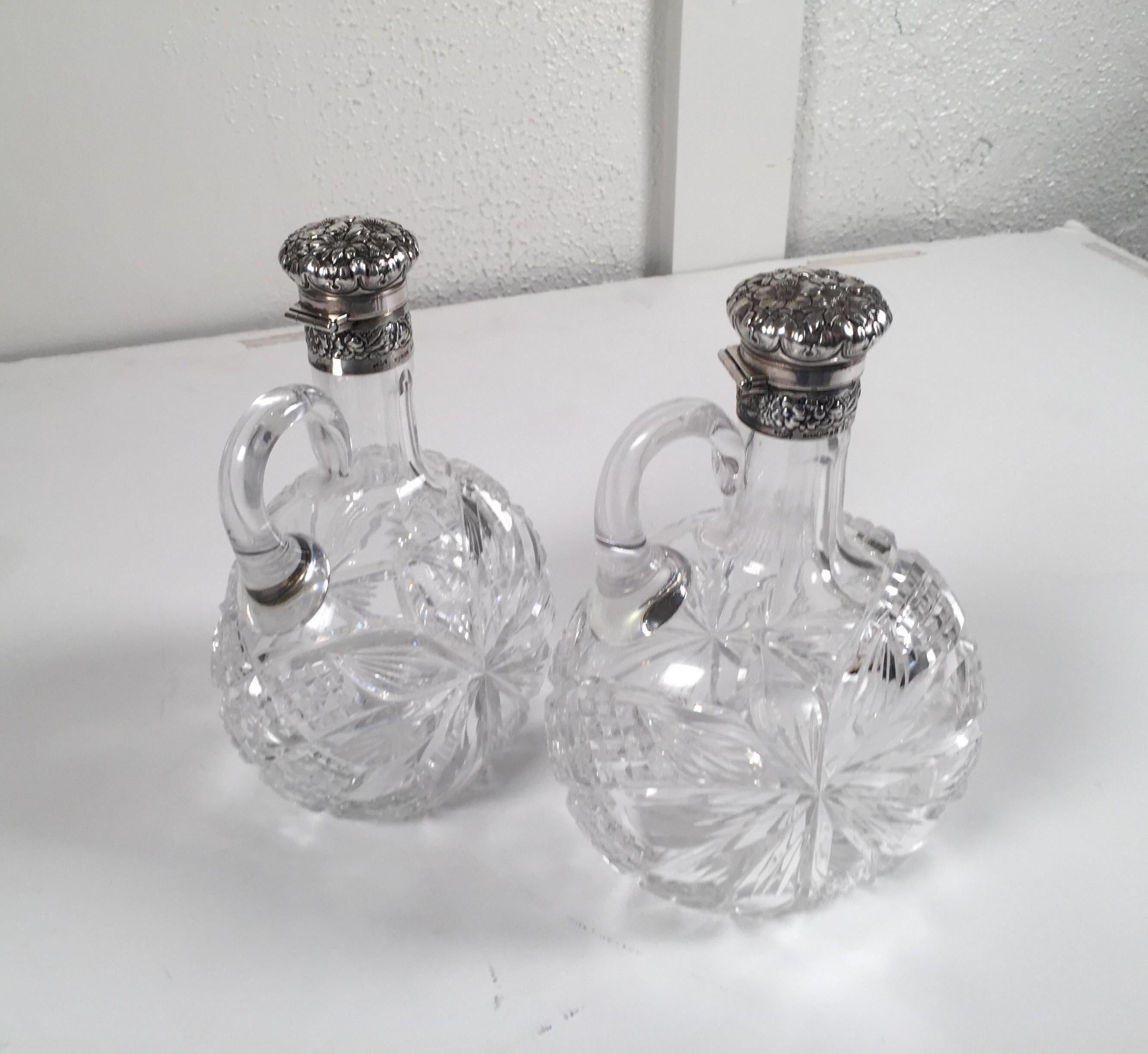 Fine Pair of 19th Century Gorham Sterling and Cut Glass Decanters In Excellent Condition In Lambertville, NJ