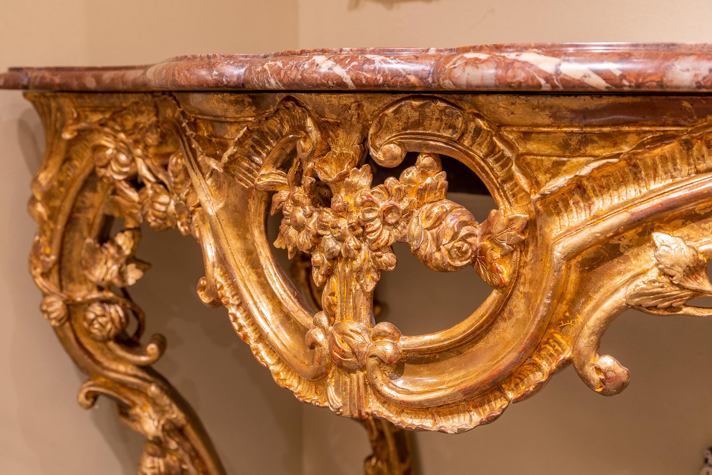 French Fine Pair of 19th Century Italian Louis XV Carved and Gilt Marble Top Consoles For Sale