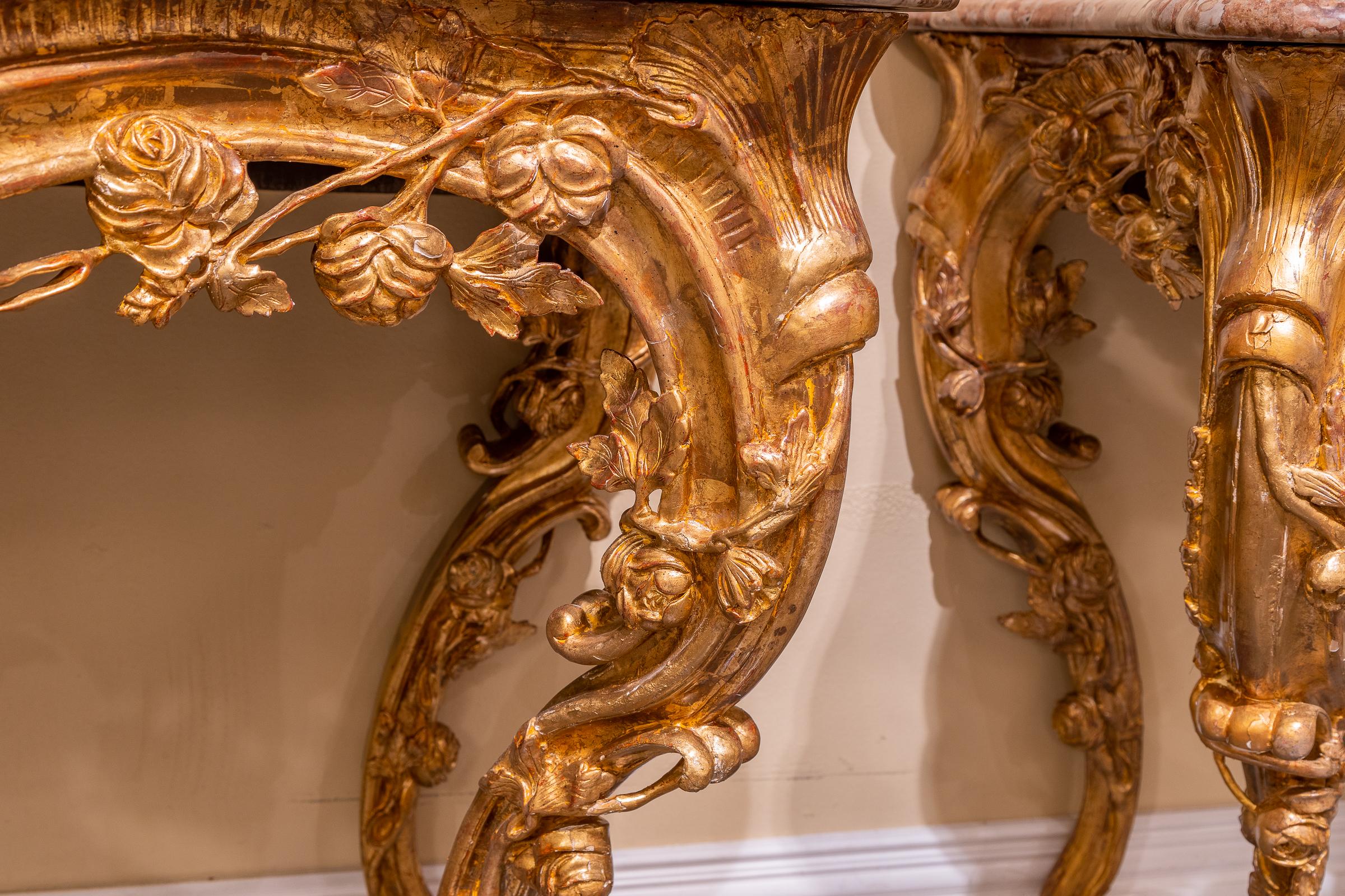 Fine Pair of 19th Century Italian Louis XV Carved and Gilt Marble Top Consoles In Good Condition For Sale In Dallas, TX