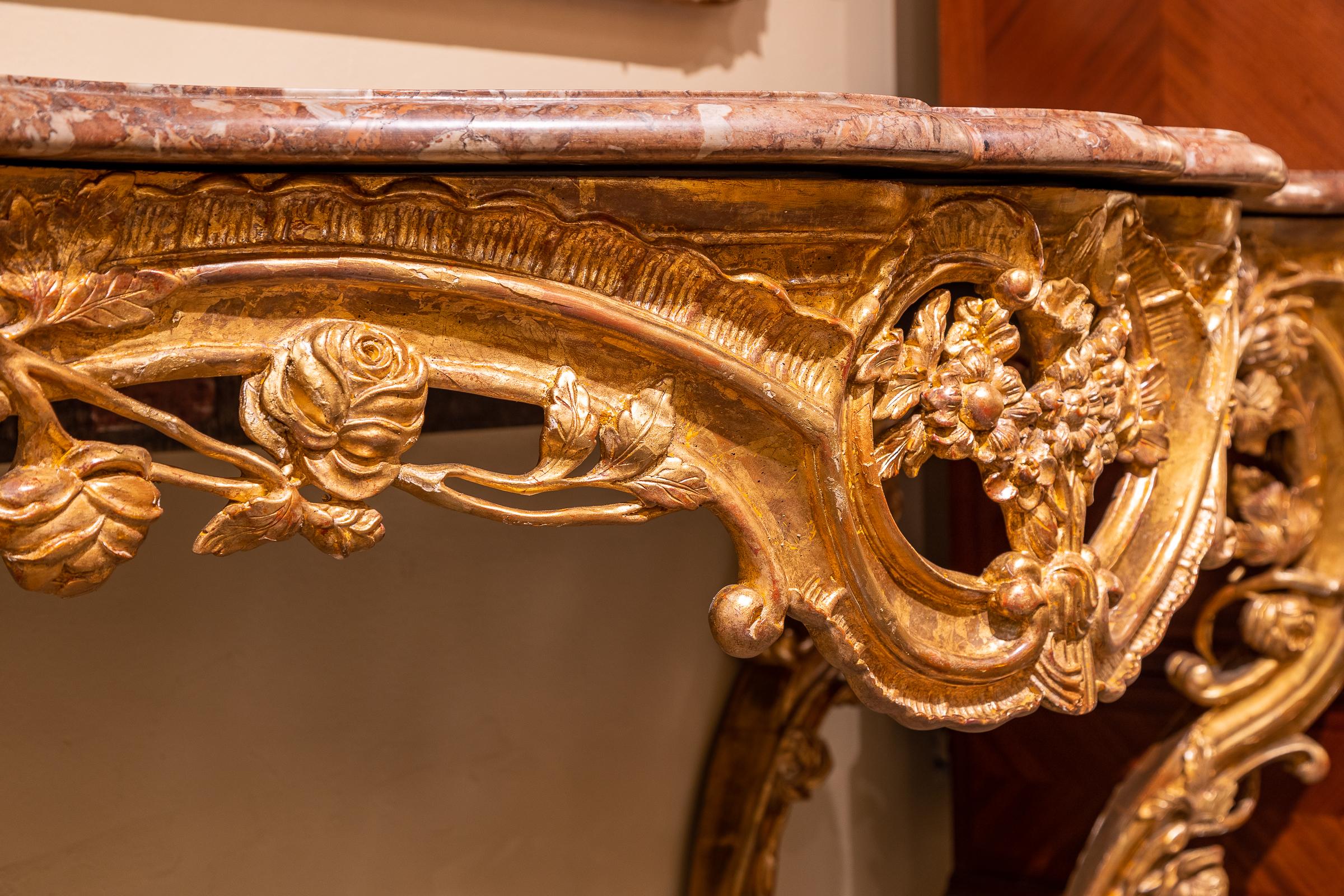 Fine Pair of 19th Century Italian Louis XV Carved and Gilt Marble Top Consoles For Sale 2