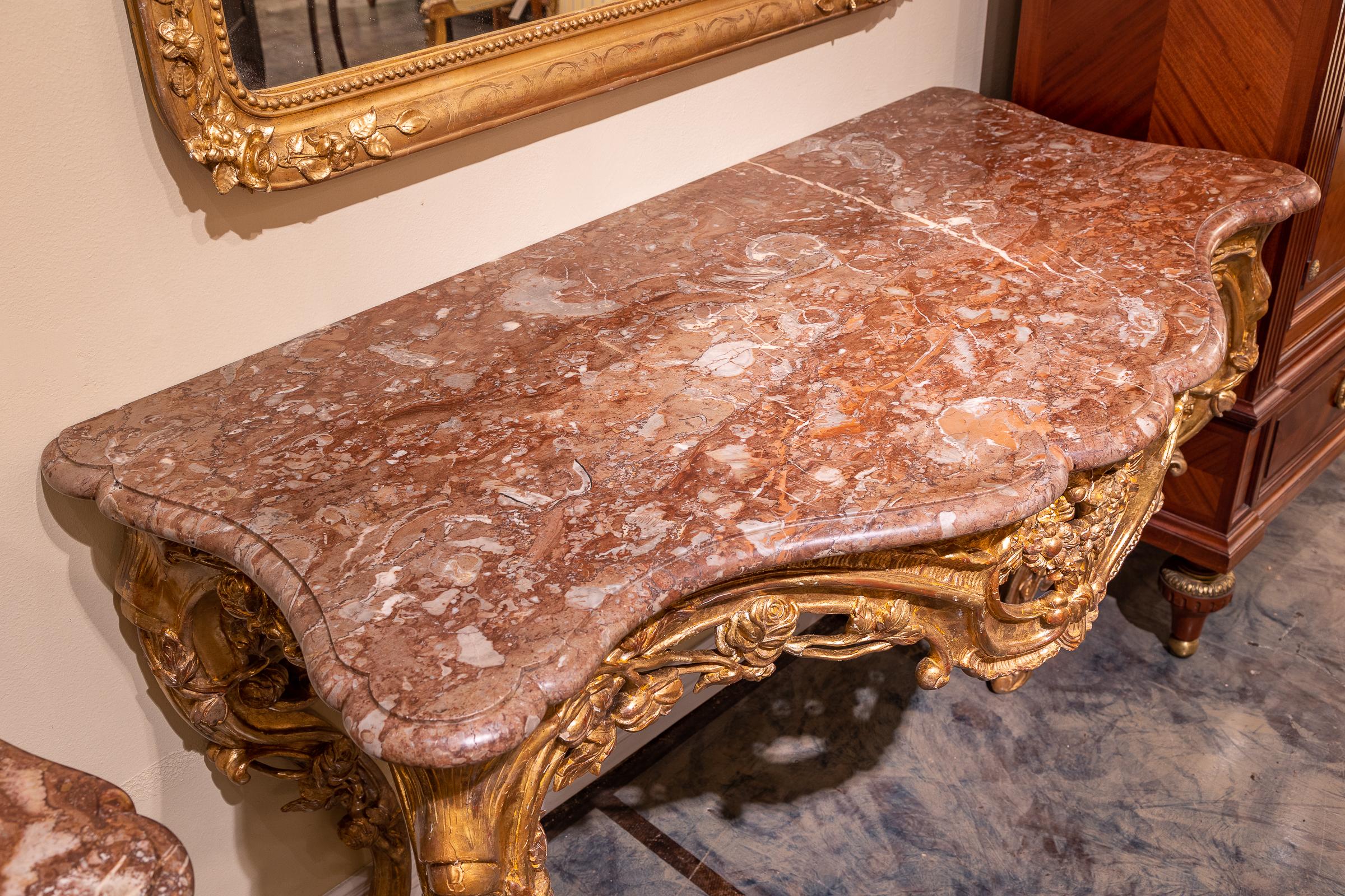 Fine Pair of 19th Century Italian Louis XV Carved and Gilt Marble Top Consoles For Sale 3